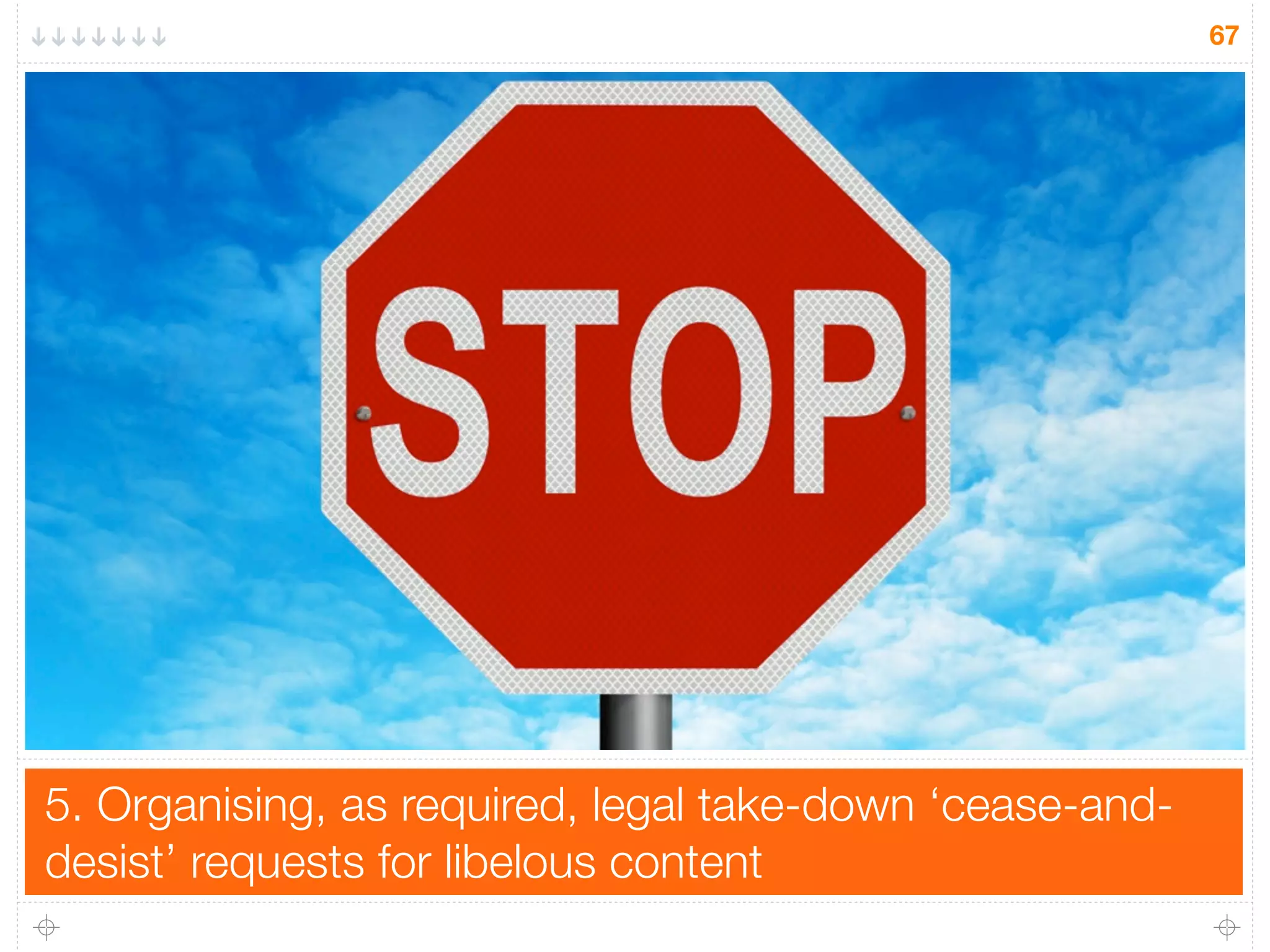 5. Organising, as required, legal take-down ‘cease-and-
desist’ requests for libelous content
67
 