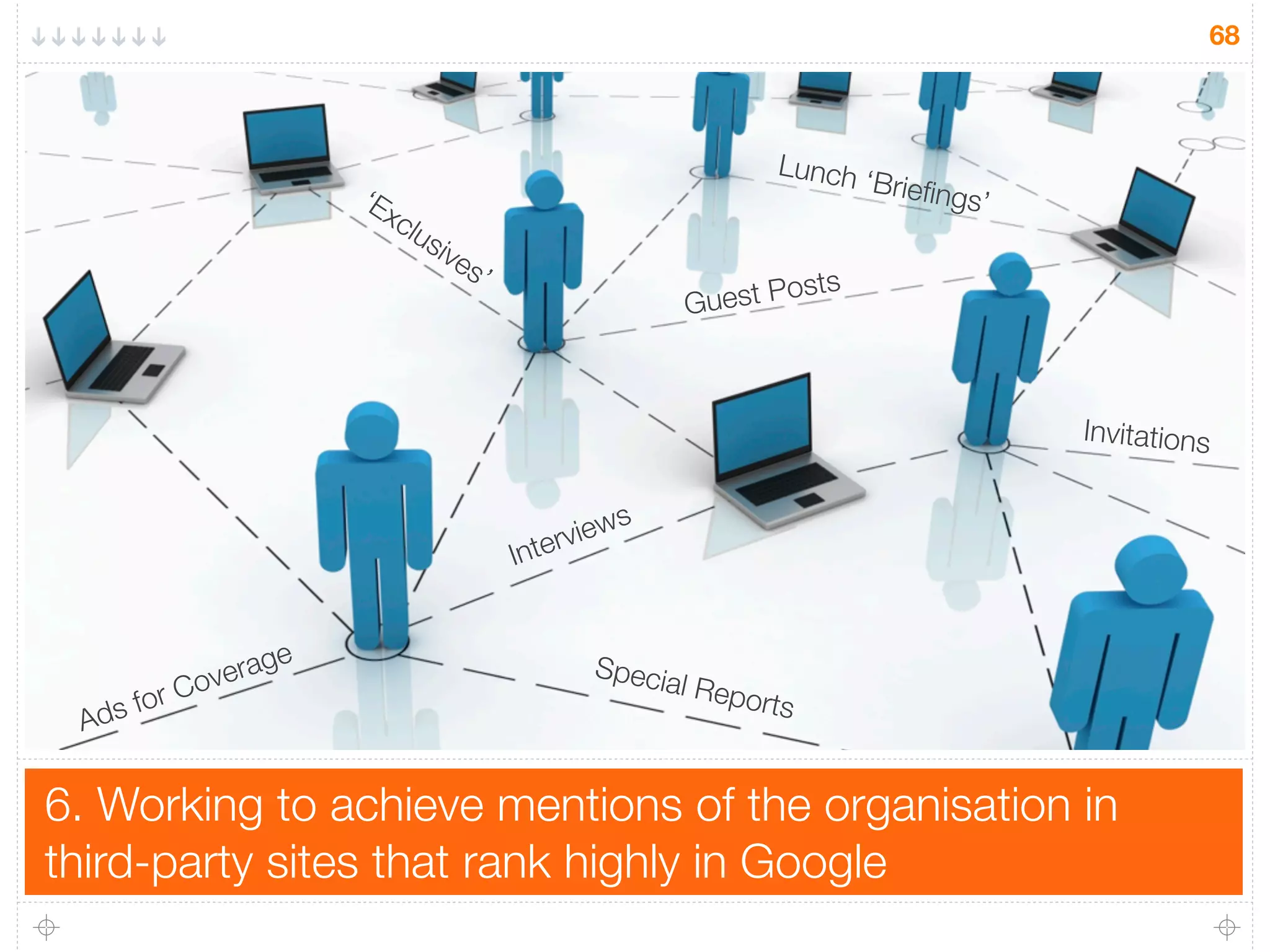 6. Working to achieve mentions of the organisation in
third-party sites that rank highly in Google
68
Guest Posts
Interviews
Special Reports
‘Exclusives’
Ads for Coverage
Invitations
Lunch ‘Brieﬁngs’
 