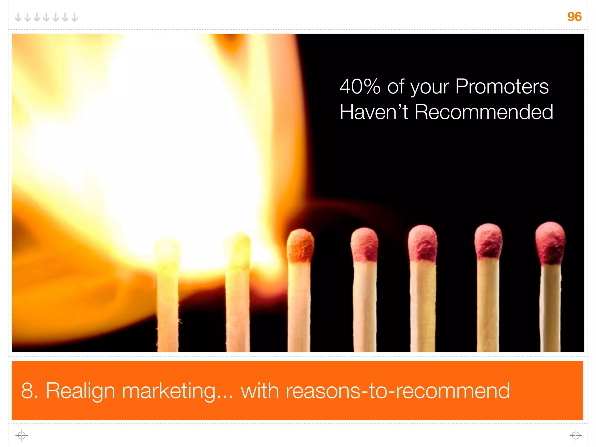 8. Realign marketing... with reasons-to-recommend
96
40% of your Promoters
Haven’t Recommended
 