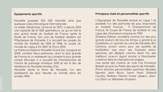 SLIDESMANIA.COM
Équipements sportifs
Marseille possède 200 000 licenciés ainsi que
quelques clubs d'envergure internationale.
Le stade Vélodrome, construit en 1937, a depuis 2014
une capacité de 67 000 spectateurs, ce qui en fait le
plus grand stade de football de France après le
Stade de France. Son club de football résident est
l'Olympique de Marseille. Il a accueilli les coupes du
monde de football de 1938 et 1998, la coupe du
monde de rugby à XV 2007 et l'Euro 2016.
Le Palais omnisports Marseille Grand Est, inauguré en
2009, contient deux patinoires, dont la plus grande
de France et un skatepark qui compte la plus grande
rampe d'Europe. Il a accueilli les championnats de
France de patinage artistique 2010 et est le lieu de
résidence du Marseille Hockey Club.
Marseille abrite le Bowl de Marseille, l'un des
skateparks les plus réputés du monde dans les
années 1990.
Principaux clubs et personnalités sportifs
L'Olympique de Marseille évolue en Ligue 1 et
possède l'un des palmarès les plus importants
du football français : 9 Championnats de
France, 10 Coupe de France de football et une
Ligue des Champions acquise en 1993.
Zinédine Zidane, considéré comme l'un des plus
grands joueurs de tous les temps, a grandi à La
Castellane, un quartier du nord de Marseille. Éric
Cantona, autant connu pour ses qualités de
footballeur que pour ses frasques extra-
sportives, est désigné comme étant l'un des
meilleurs joueurs ayant évolué à Manchester
United et dans le championnat anglais.
Une partie des matchs du club Fos Provence
Basket se joue au Palais des sports de Marseille.
Parmi d'autres personnalités sportives réputées
figurent Jean Bouin, Samir Nasri, Rolland
Courbis, Mathieu Flamini, Frank Lebœuf, Jean-
Luc Ettori ou Sébastien Grosjean.
 