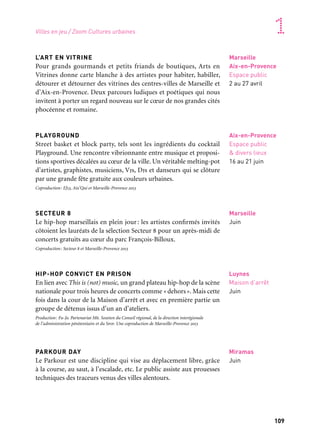 108 109
Marseille Provence accueille le monde 1
Aix-en-Provence
Espace public
& divers lieux
16 au 21 juin
Marseille
Friche la Belle
de Mai, Festival
Les Musiques
du GMEM
5 avril
LES MONDES DE RORÉ
Une création musicale et sonore de Jonathan Pontier, Lucien
Bertolina et Lionel Kasparian avec les habitants de la Belle de mai
et de Saint-Lazare et les élèves du collège Versailles. Récits et témoi-
gnages créent un chœur polyphonique d’histoires simples et de
matières sonores. L’intime et l’universel s’entremêlent et inventent
un nouveau territoire, une terre de légende, le pays de Roré.
Production: Art — Temps Réel. Coproduction: Euphonia/Grenouille, le Gmem et Marseille-Provence
2013. Avec le soutien des Ateliers Résidences Territoires 13, du Conseil général des Bouches-du-Rhône,
de la Fondation de France, de la Drac Provence-Alpes-Côte d’Azur, de la Préfecture des Bouches-du-
Rhône et de la Ville de Marseille
BUZZ BOOSTER
C’est avec L’Affranchi, scène incontournable de la culture hip-hop
à Marseille,qu’est organisée la grande finale du tremplin Buzzbooster,
premier réseau national de découverte et de diffusion pour les
artistes hip-hop et, plus largement, de musiques urbaines. En solo, en
groupe ou au son des platines de leur Dj, les finalistes défendent un
son cosmopolite, vivant, résolument urbain et en pleine mutation,
à l’image de Marseille.
Production: L’Affranchi. Coproduction: Marseille-Provence 2013 avec le soutien du portail Coucou
et de l’Escale Saint-Michel.
OPÉRATOUR 2013
De nuit comme de jour, en solo ou à plusieurs, entrez dans Opératour
pour une marche aux yeux clos, une ville la nuit entière, un bivouac
non signalé, un moment d’opéra, une infusion sonore, une ligne à
suivre à tout prix, une hospitalité à négocier ou un ralentissement
extrême. Les corps déplacés cherchent leur place.
Direction artistique: Corinne Pontier. Coproduction: Le Merlan, scène nationale à Marseille,
Ici-Même [Gr.] et Marseille-Provence 2013.
Marseille
Espace Julien
13 avril
Luynes
Maison d’arrêt
Juin
Miramas
Juin
Marseille
Juin
L’ART EN VITRINE
Pour grands gourmands et petits friands de boutiques, Arts en
Vitrines donne carte blanche à des artistes pour habiter, habiller,
détourer et détourner des vitrines des centres-villes de Marseille et
d’Aix-en-Provence. Deux parcours ludiques et poétiques qui nous
invitent à porter un regard nouveau sur le cœur de nos grandes cités
phocéenne et romaine.
PLAYGROUND
Street basket et block party, tels sont les ingrédients du cocktail
Playground. Une rencontre vibrionnante entre musique et proposi-
tions sportives décalées au cœur de la ville. Un véritable melting-pot
d’artistes, graphistes, musiciens, Vjs, Djs et danseurs qui se clôture
par une grande fête gratuite aux couleurs urbaines.
Coproduction: EJ13, Aix’Qui et Marseille-Provence 2013
SECTEUR 8
Le hip-hop marseillais en plein jour: les artistes confirmés invités
côtoient les lauréats de la sélection Secteur 8 pour un après-midi de
concerts gratuits au cœur du parc François-Billoux.
Coproduction: Secteur 8 et Marseille-Provence 2013
HIP-HOP CONVICT EN PRISON
En lien avec This is (not) music, un grand plateau hip-hop de la scène
nationale pour trois heures de concerts comme «dehors». Mais cette
fois dans la cour de la Maison d’arrêt et avec en première partie un
groupe de détenus issus d’un an d’ateliers.
Production: Fu-Jo. Partenariat M6. Soutien du Conseil régional, de la direction interégionale
de l’administration pénitentiaire et du Spip. Une coproduction de Marseille-Provence 2013
PARKOUR DAY
Le Parkour est une discipline qui vise au déplacement libre, grâce
à la course, au saut, à l’escalade, etc. Le public assiste aux prouesses
techniques des traceurs venus des villes alentours.
Marseille
Aix-en-Provence
Espace public
2 au 27 avril
Marseille
Le Merlan
12 avril au 2 juin
Villes en jeu / Zoom Cultures urbaines
Page précédente:
L’art comme miroir de l’âme,
Remed, dans le cadre
de This is (not) music
 