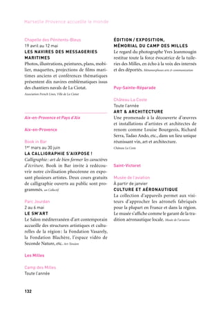 132 133
Marseille Provence accueille le monde 1
Arles Crau Camargue Montagnette
Arles
Divers lieux
Toute l’année
LES SENTIERS NUMÉRIQUES
Des balades thématiques sont signalées par
un dispositif de balisage, d’affichage d’in-
formations et de communication. Un média
urbain citoyen inédit et innovant.
Ville d’Arles/Vide (VIbrant DEsign)
Le long des façades du Museon Arlaten
23 mars à mi-octobre
VOL DE NUIT SANS EFFRACTION
Via un drone, les passants découvrent la cour
du musée depuis la rue et se trouvent invités,
comme dans les jeux vidéo, à accomplir une
mission à la recherche du futur Museon.
R. Sabouraud, agence Goût d’idées et le Museon Arlaten, Conseil
général des Bouches-du-Rhône, en partenariat avec le Pôle indus-
tries culturelles et patrimoines et avec le soutien du ministère de la
Culture et de la Communication.
Chapelle du Méjan
29 mars au 9 juin
LE SALON NOIR
Gilles Marrey, peintre français, nous invite
dans Le Salon noir où se mêlent des inté-
rieurs et des paysages urbains et nocturnes.
Poésie, réalisme et intensité émanent de ces
toiles avec comme lien récurrent, le noir.
Association du Méjan
Arles et Saint-Rémy-de-Provence
Toute l’année
VAN GOGH EUROPE
Parcours initié par Arles, Saint-Rémy-de-
Provence et Auvers-sur-Oise, autour de la
figure de Vincent van Gogh, ses lieux de
vie, ses lieux d’inspiration et les musées qui
exposent ses œuvres. Ville d’Arles
Pays d’Aubagne et de l’Étoile
Aubagne
Musée de la Légion étrangère
À partir d’avril
OUVERTURE MUSÉE DE LA LÉGION
ÉTRANGÈRE
Dans un espace rénové et agrandi, les col-
lections du musée et du centre de docu-
mentation permettent la découverte de ce
corps d’élite depuis 1831, ainsi que la vie des
légionnaires et les traditions qui rythment
leur quotidien. Commandement de la Légion étrangère
Territoires associés
Vallée des Baux — Alpilles
Les Baux-de-Provence
Cathédrale d’images
À partir de mars
MONET, RENOIR… CHAGALL.
VOYAGES EN MÉDITERRANÉE
Au cœur des Alpilles, les monumentales
Carrières de Lumières accueillent le spec-
tacle multimédia Monet, Renoir… Chagall.
Voyages en Méditerranée, qui immerge
le public dans l’univers de peintres fascinés
par les couleurs éclatantes de la Riviera.
Vallée des Baux
Chapelle des Pénitents-Bleus
19 avril au 12 mai
LES NAVIRES DES MESSAGERIES
MARITIMES
Photos, illustrations, peintures, plans, mobi-
lier, maquettes, projections de films mari-
times anciens et conférences thématiques
présentent dix navires emblématiques issus
des chantiers navals de La Ciotat.
Association French Lines, Ville de La Ciotat
Aix-en-Provence et Pays d’Aix
Aix-en-Provence
Book in Bar
1er mars au 30 juin
LA CALLIGRAPHIE S’AIXPOSE !
Calligraphie: art de bien former les caractères
d’écriture. Book in Bar invite à redécou-
vrir notre civilisation phocéenne en expo-
sant plusieurs artistes. Deux cours gratuits
de calligraphie ouverts au public sont pro-
grammés. un Collectif
Parc Jourdan
2 au 6 mai
LE SM’ART
Le Salon méditerranéen d’art contemporain
accueille des structures artistiques et cultu-
relles de la région : la Fondation Vasarely,
la Fondation Blachère, l’espace vidéo de
Seconde Nature, etc. Art-Tension
Les Milles
Camp des Milles
Toute l’année
ÉDITION / EXPOSITION,
MÉMORIAL DU CAMP DES MILLES
Le regard du photographe Yves Jeanmougin
restitue toute la force évocatrice de la tuile-
ries des Milles, en écho à la voix des internés
et des déportés. Métamorphoses arts & communication
Puy-Sainte-Réparade
Château La Coste
Toute l’année
ART & ARCHITECTURE
Une promenade à la découverte d’œuvres
et installations d’artistes et architectes de
renom comme Louise Bourgeois, Richard
Serra, Tadao Ando, etc., dans un lieu unique
réunissant vin, art et architecture.
Château La Coste
Saint-Victoret
Musée de l’aviation
À partir de janvier
CULTURE ET AÉRONAUTIQUE
La collection d’appareils permet aux visi-
teurs d’approcher les aéronefs fabriqués
pour la plupart en France et dans la région.
Le musée s’affiche comme le garant de la tra-
dition aéronautique locale. Musée de l’aviation
Et aussi: expositions
 