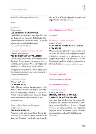 132 133
Marseille Provence accueille le monde 1
Arles Crau Camargue Montagnette
Arles
Divers lieux
Toute l’année
LES SENTIERS NUMÉRIQUES
Des balades thématiques sont signalées par
un dispositif de balisage, d’affichage d’in-
formations et de communication. Un média
urbain citoyen inédit et innovant.
Ville d’Arles/Vide (VIbrant DEsign)
Le long des façades du Museon Arlaten
23 mars à mi-octobre
VOL DE NUIT SANS EFFRACTION
Via un drone, les passants découvrent la cour
du musée depuis la rue et se trouvent invités,
comme dans les jeux vidéo, à accomplir une
mission à la recherche du futur Museon.
R. Sabouraud, agence Goût d’idées et le Museon Arlaten, Conseil
général des Bouches-du-Rhône, en partenariat avec le Pôle indus-
tries culturelles et patrimoines et avec le soutien du ministère de la
Culture et de la Communication.
Chapelle du Méjan
29 mars au 9 juin
LE SALON NOIR
Gilles Marrey, peintre français, nous invite
dans Le Salon noir où se mêlent des inté-
rieurs et des paysages urbains et nocturnes.
Poésie, réalisme et intensité émanent de ces
toiles avec comme lien récurrent, le noir.
Association du Méjan
Arles et Saint-Rémy-de-Provence
Toute l’année
VAN GOGH EUROPE
Parcours initié par Arles, Saint-Rémy-de-
Provence et Auvers-sur-Oise, autour de la
figure de Vincent van Gogh, ses lieux de
vie, ses lieux d’inspiration et les musées qui
exposent ses œuvres. Ville d’Arles
Pays d’Aubagne et de l’Étoile
Aubagne
Musée de la Légion étrangère
À partir d’avril
OUVERTURE MUSÉE DE LA LÉGION
ÉTRANGÈRE
Dans un espace rénové et agrandi, les col-
lections du musée et du centre de docu-
mentation permettent la découverte de ce
corps d’élite depuis 1831, ainsi que la vie des
légionnaires et les traditions qui rythment
leur quotidien. Commandement de la Légion étrangère
Territoires associés
Vallée des Baux — Alpilles
Les Baux-de-Provence
Cathédrale d’images
À partir de mars
MONET, RENOIR… CHAGALL.
VOYAGES EN MÉDITERRANÉE
Au cœur des Alpilles, les monumentales
Carrières de Lumières accueillent le spec-
tacle multimédia Monet, Renoir… Chagall.
Voyages en Méditerranée, qui immerge
le public dans l’univers de peintres fascinés
par les couleurs éclatantes de la Riviera.
Vallée des Baux
Chapelle des Pénitents-Bleus
19 avril au 12 mai
LES NAVIRES DES MESSAGERIES
MARITIMES
Photos, illustrations, peintures, plans, mobi-
lier, maquettes, projections de films mari-
times anciens et conférences thématiques
présentent dix navires emblématiques issus
des chantiers navals de La Ciotat.
Association French Lines, Ville de La Ciotat
Aix-en-Provence et Pays d’Aix
Aix-en-Provence
Book in Bar
1er mars au 30 juin
LA CALLIGRAPHIE S’AIXPOSE !
Calligraphie: art de bien former les caractères
d’écriture. Book in Bar invite à redécou-
vrir notre civilisation phocéenne en expo-
sant plusieurs artistes. Deux cours gratuits
de calligraphie ouverts au public sont pro-
grammés. un Collectif
Parc Jourdan
2 au 6 mai
LE SM’ART
Le Salon méditerranéen d’art contemporain
accueille des structures artistiques et cultu-
relles de la région : la Fondation Vasarely,
la Fondation Blachère, l’espace vidéo de
Seconde Nature, etc. Art-Tension
Les Milles
Camp des Milles
Toute l’année
ÉDITION / EXPOSITION,
MÉMORIAL DU CAMP DES MILLES
Le regard du photographe Yves Jeanmougin
restitue toute la force évocatrice de la tuile-
ries des Milles, en écho à la voix des internés
et des déportés. Métamorphoses arts & communication
Puy-Sainte-Réparade
Château La Coste
Toute l’année
ART & ARCHITECTURE
Une promenade à la découverte d’œuvres
et installations d’artistes et architectes de
renom comme Louise Bourgeois, Richard
Serra, Tadao Ando, etc., dans un lieu unique
réunissant vin, art et architecture.
Château La Coste
Saint-Victoret
Musée de l’aviation
À partir de janvier
CULTURE ET AÉRONAUTIQUE
La collection d’appareils permet aux visi-
teurs d’approcher les aéronefs fabriqués
pour la plupart en France et dans la région.
Le musée s’affiche comme le garant de la tra-
dition aéronautique locale. Musée de l’aviation
Et aussi: expositions
 