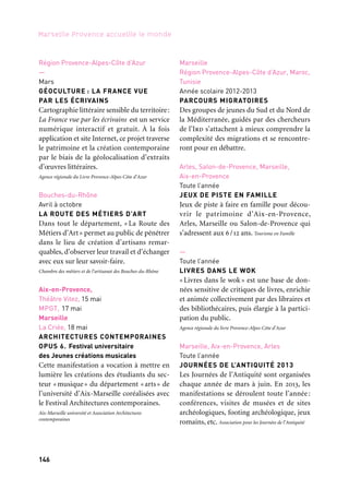 146 147
Marseille Provence accueille le monde 1
Marseille
CICRP
Toute l’année
VILLES ET CAMPAGNES
EN MÉDITERRANÉE
Le Cicrp propose, dans le cadre de ses pro-
jets pédagogiques inter-établissements et
sous la forme d’ateliers, d’aborder le thème
de l’eau à travers sa maîtrise par les hommes
et sa dimension patrimoniale de l’Antiquité
au xixe siècle.
Centre interrégional de conservation et de restauration du
patrimoine
Provence Verte
Correns
18 & 19 mai
LES JOUTES MUSICALES DE CORRENS
Trente concerts le temps du week-end de
Pentecôte à Correns, au cœur de la Provence
Verte, pour vivre au rythme des nouvelles
musiques traditionnelles du monde. Un fes-
tival unique et convivial niché dans un écrin
de verdure. Le Chantier — Association Cimo & To
Saint-Maximin et Plan-d’Aups
—
Janvier à juin
ECHO-IN SAINTE-BAUME
À travers une expérience nouvelle, le site
naturel de La Sainte-Baume se révèle, une
mise en scène et en son évolutive qui profile
un concert inédit. Les Sept Couleurs du vent
Manosque
Février
RENCONTRES CINÉMA
DE MANOSQUE. Du réel à l’imaginaire
Du documentaire à la fiction, les Rencontres
Cinéma du Réel à l’Imaginaire invitent
chaque année des cinéastes du monde entier
pour des échanges interculturels autour du
cinéma, faisant une large place aux produc-
tions des pays du Sud. Association Œil Zélé
Région Provence-Alpes-Côte d’Azur
—
Mars
GÉOCULTURE : LA FRANCE VUE
PAR LES ÉCRIVAINS
Cartographie littéraire sensible du territoire:
La France vue par les écrivains est un service
numérique interactif et gratuit. À la fois
application et site Internet, ce projet traverse
le patrimoine et la création contemporaine
par le biais de la géolocalisation d’extraits
d’œuvres littéraires.
Agence régionale du Livre Provence-Alpes-Côte d’Azur
Bouches-du-Rhône
Avril à octobre
LA ROUTE DES MÉTIERS D’ART
Dans tout le département, « La Route des
Métiers d’Art» permet au public de pénétrer
dans le lieu de création d’artisans remar-
quables, d’observer leur travail et d’échanger
avec eux sur leur savoir-faire.
Chambre des métiers et de l’artisanat des Bouches-du-Rhône
Aix-en-Provence,
Théâtre Vitez, 15 mai
MPGT, 17 mai
Marseille
La Criée, 18 mai
ARCHITECTURES CONTEMPORAINES
OPUS 6. Festival universitaire
des Jeunes créations musicales
Cette manifestation a vocation à mettre en
lumière les créations des étudiants du sec-
teur «musique» du département «arts» de
l’université d’Aix-Marseille coréalisées avec
le Festival Architectures contemporaines.
Aix-Marseille université et Association Architectures
contemporaines
Marseille
Région Provence-Alpes-Côte d’Azur, Maroc,
Tunisie
Année scolaire 2012-2013
PARCOURS MIGRATOIRES
Des groupes de jeunes du Sud et du Nord de
la Méditerranée, guidés par des chercheurs
de l’Ird s’attachent à mieux comprendre la
complexité des migrations et se rencontre-
ront pour en débattre.
Arles, Salon-de-Provence, Marseille,
Aix-en-Provence
Toute l’année
JEUX DE PISTE EN FAMILLE
Jeux de piste à faire en famille pour décou-
vrir le patrimoine d’Aix-en-Provence,
Arles, Marseille ou Salon-de-Provence qui
s’adressent aux 6/12 ans. Tourisme en Famille
—
Toute l’année
LIVRES DANS LE WOK
«Livres dans le wok» est une base de don-
nées sensitive de critiques de livres, enrichie
et animée collectivement par des libraires et
des bibliothécaires, puis élargie à la partici-
pation du public.
Agence régionale du livre Provence-Alpes-Côte d’Azur
Marseille, Aix-en-Provence, Arles
Toute l’année
JOURNÉES DE L’ANTIQUITÉ 2013
Les Journées de l’Antiquité sont organisées
chaque année de mars à juin. En 2013, les
manifestations se déroulent toute l’année :
conférences, visites de musées et de sites
archéologiques, footing archéologique, jeux
romains, etc. Association pour les Journées de l’Antiquité
Et aussi: arts de la scène, festivals, colloques
 