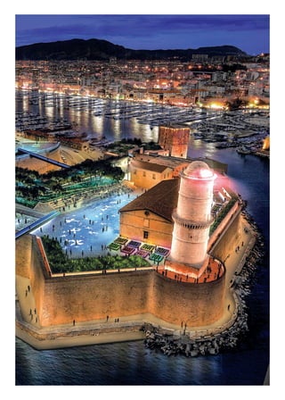 159
2
Rêves des deux rives
Les expositions de l’été célèbrent les rêves, les espoirs
et les témoignages poétiques inspirés par la beauté, la chaleur,
le patrimoine singulier d’un territoire riche en histoire.
Nombre d’artistes sont venus s’y installer. Van Gogh imaginait
fonder dans le Midi un atelier pour les artistes. Cézanne croyait
à une terre promise de la peinture. Picasso dessinait des faunes
tandis que Dalí peignait des fenêtres…
> Juin à août
Fort Saint-Jean, Marseille
Image 3d
 