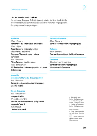 209
2
LES FESTIVALS DE CINÉMA
En 2013, une douzaine de festivals du territoire invitent des festivals
méditerranéens de leur choix avec des cartes blanches, ou proposent
des programmations spécifiques.
Marseille
12 au 19 mars
Rencontres du cinéma sud-américain
12 au 18 juin
Regards sur le cinéma israélien
Septembre à décembre
Cinépage/Rencontres du cinéma
européen
9 au 19 octobre
Films Femmes Méditerranée
15 au 23 novembre
12e Festival de cinéma espagnol Las chicas
de la movida
Marseille
et territoire Marseille-Provence 2013
9 au 19 octobre
Rencontres Internationales Sciences et
Cinéma (RISC)
Aix-en-Provence
8 au 15 novembre
Images de ville
1er au 30 novembre
Festival Tous courts et son programme
Le court d’abord
Juillet/août
Les Instants d’été
Salon-de-Provence
19 au 26 mars
23e Rencontres cinématographiques
Aubagne
18 au 23 mars
Festival International du film d’Aubagne
Gardanne
25 octobre au 5 novembre
25e Festival cinématographique
d’Automne de Gardanne
1. À la vie à la mort
Robert Guédiguian, 1995
2. La ville est tranquille
Robert Guédiguian, 2000
3. L’argent fait le bonheur
Robert Guédiguian, 1992
Pages suivantes:
1. Défilé, vidéo-projection
sur tulle, Samar Elbarawy,
2012
2 & 3. Liberté? Installation
vidéo 2 canaux, Samar
Elbarawy, 2012
Chemins de traverse
	 1 	 2
	 3
 