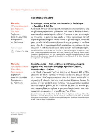 294 295
Marseille Provence aux mille visages 3
Les trésors de Beisson — Jean-Michel Othoniel, Marc Couturier
et Paul Petel & Hervé Descottes
La cité Beisson, point de vue exceptionnel sur les paysages cézan-
niens, prochainement réhabilitée dans le cadre de la Rénovation
Urbaine, est l’œuvre de l’architecte Louis Olmeta dans les années
1960. L’artiste Jean-Michel Othoniel, en collaboration avec Paul
Petel, paysagiste, conçoit et réalise une œuvre sur ce belvédère natu-
rel. La dynamique aixoise repose sur le lien patrimoine / qualité
de vie/culture partagée. Marc Couturier, archéologue du présent,
se penche sur « l’âme de Beisson » lors d’une résidence, et ce afin
d’en révéler les trésors, en lien avec les habitants.
Coproductions: ville d’Aix-en-Provence, Marseille-Provence 2013
Fertiliser la lisière — Laure Thierrée & Clémentine Henriot,
Agence Trajectoires
Comment initier un dialogue entre les espaces naturels de garrigue
de la colline Notre-Dame des Marins et le quartier d’habitat social
du même nom? Le projet, porté par deux jeunes paysagistes mar-
seillaises, propose, en investissant cette lisière, de mettre en évidence
la présence, juste derrière la cité d’un parc unique en son genre. Pour
regarder et vivre autrement son quartier, les habitants sont invités
à créer un jardin linéaire à même le bitume, un jardin des échoppes
sur le toit des garages et une installation lumineuse.
Coproduction: Ville de Martigues, Direction de l’Habitat et de la Démocratie participative de la ville
de Martigues, Marseille-Provence 2013 et la Caisse des dépôts et consignations.
Rendez-vous dans la ville invisible — Hervé Lelardoux
(Théâtre de l’Arpenteur)
Les Arpenteurs arrivent à Aubagne et attendent le tramway. Il est
annoncé pour le premier semestre 2014… Pourtant, dans la tête
des Aubagnais, il est déjà très présent. Alors les Arpenteurs tendent
l’oreille, suivent les regards, fouillent les mémoires, recueillent
les rêves. En suivant le tracé du futur tramway, ils invitent
les Aubagnais à traverser les temps de la ville, à entrer dans la Ville
Invisible… Le tramway comme un passage dans l’espace et le temps
des Aubagnais.
Coproduction: Communauté d’Agglomération du Pays d’Aubagne et de l’Étoile et Marseille-Provence
2013. Avec le soutien du Théâtre Comédia d’Aubagne et celui de la Caisse des dépôts et consignations.
Martigues
Notre-Dame
des Marins
Septembre
Lors des Journées
Européennes
du Patrimoine
Aubagne
Mars à octobre
QUARTIERS CRÉATIFS
Le prototype comme outil de transformation et de dialogue
— Ruedi Baur & Civic City
Comment débuter un dialogue? Comment concevoir ensemble une
ou plusieurs propositions qui fassent sens dans le dessein de fabri-
quer conjointement du projet urbain? Comment penser une «utopie
de proximité» et parvenir à ce qu’elle se réalise au moins en partie?
Signalétique urbaine pour rendre visible ce qui ne l’est pas, belvédère
pour prendre de la hauteur et déplacer le regard, passages et escaliers
pour relier des proximités empêchées, autant de propositions à la fois
modestes et ambitieuses mises en débat avec les habitants et usagers.
En collaboration avec la Cité des Arts de la Rue (l’Apcar, la Faiar, Lézarap’art, les Ateliers Sud-Side).
Dans le cadre du post-diplôme Civic Design de la Haute École d’Art et de Design de Genève (Suisse).
Production: Marseille-Provence 2013. Avec le soutien du Gip Marseille Rénovation Urbaine, du Fonds
Européen de Développement Régional, de Marseille Provence Métropole, de la Caisse des dépôts
et consignations et de ProHelvetia.
Bank of paradise — Jean-Luc Brisson avec Wagonlandscaping,
l’agence UPAU (Urbanisme et Paysage, Agriculture Urbaine),
David Onatzky et Lily Wanat
« La “Bank of paradise” crée et distribue de l’argent. Elle crédite
et investit des désirs; capitalise et épargne des besoins. Elle fait circuler
de la valeur. Elle n’est pas soumise au cours de la bourse mais à celui —
ni plus fragile ni moins incertain — du dessin». Créer une banque de
dessins avec les habitants pour parler de l’aménagement du quartier
et de ces espaces publics, tel est le dessein de Jean-Luc Brisson qui,
avec ses complices paysagistes, se propose d’expérimenter des amé-
nagements temporaires et réversibles au Plan d’Aou.
En collaboration avec la Gare Franche et de l’École Nationale Supérieure du Paysage de Versailles.
Production: Marseille-Provence 2013. Avec le soutien du Gip Politique de la Ville, de Marseille
Rénovation Urbaine, du Fonds Européen de Développement Régional, de Marseille Provence Métropole
et de la Caisse des dépôts et consignations.
Marseille
15e arrondissement
Les Aygalades
/La Viste
Septembre
Lors des Journées
Européennes
du Patrimoine
Partenaire projet
Marseille
15e arrondissement
Plan d’Aou,
Saint-Antoine
Septembre
Lors des Journées
Européennes
du Patrimoine
Partenaire grand projet
Quartiers créatifs
Aix-en-Provence
Cité Beisson
Restitution
Décembre
Le patrimoine se ré-invente
 