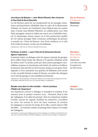294 295
Marseille Provence aux mille visages 3
Les trésors de Beisson — Jean-Michel Othoniel, Marc Couturier
et Paul Petel & Hervé Descottes
La cité Beisson, point de vue exceptionnel sur les paysages cézan-
niens, prochainement réhabilitée dans le cadre de la Rénovation
Urbaine, est l’œuvre de l’architecte Louis Olmeta dans les années
1960. L’artiste Jean-Michel Othoniel, en collaboration avec Paul
Petel, paysagiste, conçoit et réalise une œuvre sur ce belvédère natu-
rel. La dynamique aixoise repose sur le lien patrimoine / qualité
de vie/culture partagée. Marc Couturier, archéologue du présent,
se penche sur « l’âme de Beisson » lors d’une résidence, et ce afin
d’en révéler les trésors, en lien avec les habitants.
Coproductions: ville d’Aix-en-Provence, Marseille-Provence 2013
Fertiliser la lisière — Laure Thierrée & Clémentine Henriot,
Agence Trajectoires
Comment initier un dialogue entre les espaces naturels de garrigue
de la colline Notre-Dame des Marins et le quartier d’habitat social
du même nom? Le projet, porté par deux jeunes paysagistes mar-
seillaises, propose, en investissant cette lisière, de mettre en évidence
la présence, juste derrière la cité d’un parc unique en son genre. Pour
regarder et vivre autrement son quartier, les habitants sont invités
à créer un jardin linéaire à même le bitume, un jardin des échoppes
sur le toit des garages et une installation lumineuse.
Coproduction: Ville de Martigues, Direction de l’Habitat et de la Démocratie participative de la ville
de Martigues, Marseille-Provence 2013 et la Caisse des dépôts et consignations.
Rendez-vous dans la ville invisible — Hervé Lelardoux
(Théâtre de l’Arpenteur)
Les Arpenteurs arrivent à Aubagne et attendent le tramway. Il est
annoncé pour le premier semestre 2014… Pourtant, dans la tête
des Aubagnais, il est déjà très présent. Alors les Arpenteurs tendent
l’oreille, suivent les regards, fouillent les mémoires, recueillent
les rêves. En suivant le tracé du futur tramway, ils invitent
les Aubagnais à traverser les temps de la ville, à entrer dans la Ville
Invisible… Le tramway comme un passage dans l’espace et le temps
des Aubagnais.
Coproduction: Communauté d’Agglomération du Pays d’Aubagne et de l’Étoile et Marseille-Provence
2013. Avec le soutien du Théâtre Comédia d’Aubagne et celui de la Caisse des dépôts et consignations.
Martigues
Notre-Dame
des Marins
Septembre
Lors des Journées
Européennes
du Patrimoine
Aubagne
Mars à octobre
QUARTIERS CRÉATIFS
Le prototype comme outil de transformation et de dialogue
— Ruedi Baur & Civic City
Comment débuter un dialogue? Comment concevoir ensemble une
ou plusieurs propositions qui fassent sens dans le dessein de fabri-
quer conjointement du projet urbain? Comment penser une «utopie
de proximité» et parvenir à ce qu’elle se réalise au moins en partie?
Signalétique urbaine pour rendre visible ce qui ne l’est pas, belvédère
pour prendre de la hauteur et déplacer le regard, passages et escaliers
pour relier des proximités empêchées, autant de propositions à la fois
modestes et ambitieuses mises en débat avec les habitants et usagers.
En collaboration avec la Cité des Arts de la Rue (l’Apcar, la Faiar, Lézarap’art, les Ateliers Sud-Side).
Dans le cadre du post-diplôme Civic Design de la Haute École d’Art et de Design de Genève (Suisse).
Production: Marseille-Provence 2013. Avec le soutien du Gip Marseille Rénovation Urbaine, du Fonds
Européen de Développement Régional, de Marseille Provence Métropole, de la Caisse des dépôts
et consignations et de ProHelvetia.
Bank of paradise — Jean-Luc Brisson avec Wagonlandscaping,
l’agence UPAU (Urbanisme et Paysage, Agriculture Urbaine),
David Onatzky et Lily Wanat
« La “Bank of paradise” crée et distribue de l’argent. Elle crédite
et investit des désirs; capitalise et épargne des besoins. Elle fait circuler
de la valeur. Elle n’est pas soumise au cours de la bourse mais à celui —
ni plus fragile ni moins incertain — du dessin». Créer une banque de
dessins avec les habitants pour parler de l’aménagement du quartier
et de ces espaces publics, tel est le dessein de Jean-Luc Brisson qui,
avec ses complices paysagistes, se propose d’expérimenter des amé-
nagements temporaires et réversibles au Plan d’Aou.
En collaboration avec la Gare Franche et de l’École Nationale Supérieure du Paysage de Versailles.
Production: Marseille-Provence 2013. Avec le soutien du Gip Politique de la Ville, de Marseille
Rénovation Urbaine, du Fonds Européen de Développement Régional, de Marseille Provence Métropole
et de la Caisse des dépôts et consignations.
Marseille
15e arrondissement
Les Aygalades
/La Viste
Septembre
Lors des Journées
Européennes
du Patrimoine
Partenaire projet
Marseille
15e arrondissement
Plan d’Aou,
Saint-Antoine
Septembre
Lors des Journées
Européennes
du Patrimoine
Partenaire grand projet
Quartiers créatifs
Aix-en-Provence
Cité Beisson
Restitution
Décembre
Le patrimoine se ré-invente
 