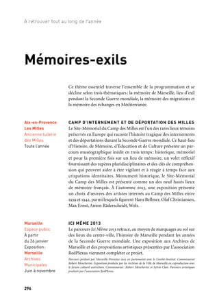 296 297
À retrouver tout au long de l’année 1/2/3
MARSEILLE, CAPITALE DE L’EXIL 40-42
Nombre de réfugiés, dont certains de renoms, ont été accueillis
à Marseille. Ils se sont fixés un temps dans la région grâce à l’aide
de Marseillais : André Breton, Marc Chagall, Max Ernst, Rudolf
Kundera, Anna Seghers, Jean Arp, Hannah Arendt et tant d’autres.
Commissariat: Laurence Vincent. Production: Ville de Marseille.
VARIAN FRY À MARSEILLE.
La culture de l’Europe en exil (1940-1942)
Un colloque international sur l’exil des intellectuels et des artistes
européens montre que Marseille a joué un rôle de «capitale cultu-
relle de l’exil» pendant la Seconde Guerre mondiale.
Coproduction: association Varian Fry France et Marseille-Provence 2013
JEAN MOULIN, RÉSISTANT ET ARTISTE PROVENÇAL
Exposition dans la commune d’origine de Jean Moulin d’une
sélection provençale de ses œuvres. Dessins, aquarelles, gravures…
illustrent la Provence et Saint-Andiol et permettent d’appréhender
dans le même temps un aspect méconnu de cet homme d’action.
Production: Mairie de Saint-Andiol, Communauté de communes Rhône Alpilles Durance, Marseille-
Provence 2013
L’EMPREINTE DES RESSOURCES, OU LE PATRIMOINE
OUBLIÉ. Marseille/Provence, rivages des produits et des
ouvriers du monde
L’exposition en deux volets rappelle l’influence exercée par la
transformation de matières premières et les populations ouvrières
migrantes, pendant des siècles, sur Marseille et son territoire.
Coproduction: Aix-Marseille Université, Centre national de la recherche scientifique (Cnrs),
Conseil Général des Bouches-du-Rhône et Marseille Provence 2013
2e BIENNALE HISTOIRE, MÉMOIRE, IMMIGRATIONS
ET TERRITOIRES
Associations, archives, bibliothèques, musées et universités pro-
posent une centaine de manifestations pour partager plus d’un siècle
d’apports des étrangers à Marseille et en Provence.
Coordination du Réseau régional: Approches, Cultures et Territoires. Coproduction: Marseille-
Provence 2013
Mémoires-exils
Marseille
Alcazar, BMVR
Archives
départementales
CRDP
9 au 11 octobre
Saint-Andiol,
Château
de Saint-Andiol
15 mai au 15 août
Marseille
Archives
départementales
Aix-en-Provence
Archives
départementales
Septembre à janvier
Sur tout
le territoire
Septembre
à décembre
Marseille
Alcazar, BMVR
6 août au 19 octobre
Mémoires-exils
Ce thème essentiel traverse l’ensemble de la programmation et se
décline selon trois thématiques: la mémoire de Marseille, lieu d’exil
pendant la Seconde Guerre mondiale, la mémoire des migrations et
la mémoire des échanges en Méditerranée.
CAMP D’INTERNEMENT ET DE DÉPORTATION DES MILLES
Le Site-Mémorial du Camp des Milles est l’un des rares lieux témoins
préservés en Europe qui raconte l’histoire tragique des internements
et des déportations durant la Seconde Guerre mondiale. Ce haut-lieu
d’Histoire, de Mémoire, d’Éducation et de Culture présente un par-
cours muséographique inédit en trois temps: historique, mémoriel
et pour la première fois sur un lieu de mémoire, un volet réflexif
fournissant des repères pluridisciplinaires et des clés de compréhen-
sion qui peuvent aider à être vigilant et à réagir à temps face aux
crispations identitaires. Monument historique, le Site-Mémorial
du Camp des Milles est présenté comme un des neuf hauts lieux
de mémoire français. À l’automne 2013, une exposition présente
un choix d’œuvres des artistes internés au Camp des Milles entre
1939 et 1942, parmi lesquels figurent Hans Bellmer, Olaf Christiansen,
Max Ernst, Anton Räderscheidt, Wols.
ICI MÊME 2013
Le parcours Ici Même 2013 retrace, au moyen de marquages au sol sur
des lieux du centre-ville, l’histoire de Marseille pendant les années
de la Seconde Guerre mondiale. Une exposition aux Archives de
Marseille et des propositions artistiques présentées par L’association
RedPlexus viennent compléter ce projet.
Parcours produit par Marseille-Provence 2013 en partenariat avec le Goethe-Institut. Commissariat
Robert Mencherini. Exposition produite par les Archives de la Ville de Marseille en coproduction avec
le forum culturel autrichien. Commissariat: Robert Mencherini et Sylvie Clair. Parcours artistiques
produits par l’association RedPlexus.
Aix-en-Provence
Les Milles
Ancienne tuilerie
des Milles
Toute l’année
Marseille
Espace public
À partir
du 26 janvier
Exposition:
Marseille
Archives
Municipales
Juin à novembre
 