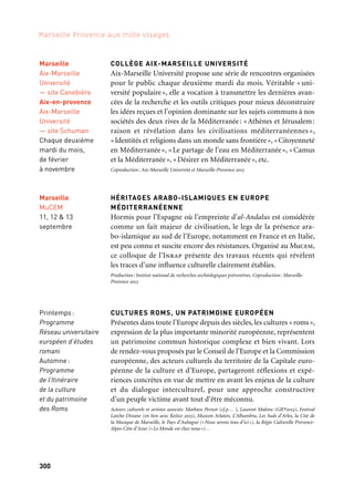 300 301
Marseille Provence aux mille visages 3
COLLÈGE AIX-MARSEILLE UNIVERSITÉ
Aix-Marseille Université propose une série de rencontres organisées
pour le public chaque deuxième mardi du mois. Véritable «uni-
versité populaire», elle a vocation à transmettre les dernières avan-
cées de la recherche et les outils critiques pour mieux déconstruire
les idées reçues et l’opinion dominante sur les sujets communs à nos
sociétés des deux rives de la Méditerranée: «Athènes et Jérusalem:
raison et révélation dans les civilisations méditerranéennes »,
«Identités et religions dans un monde sans frontière», «Citoyenneté
en Méditerranée», «Le partage de l’eau en Méditerranée», «Camus
et la Méditerranée», «Désirer en Méditerranée», etc.
Coproduction: Aix-Marseille Université et Marseille-Provence 2013
HÉRITAGES ARABO-ISLAMIQUES EN EUROPE
MÉDITERRANÉENNE
Hormis pour l’Espagne où l’empreinte d’al-Andalus est considérée
comme un fait majeur de civilisation, le legs de la présence ara-
bo-islamique au sud de l’Europe, notamment en France et en Italie,
est peu connu et suscite encore des résistances. Organisé au Mucem,
ce colloque de l’Inrap présente des travaux récents qui révèlent
les traces d’une influence culturelle clairement établies.
Production: Institut national de recherches archéologiques préventives. Coproduction: Marseille-
Provence 2013
CULTURES ROMS, UN PATRIMOINE EUROPÉEN
Présentes dans toute l’Europe depuis des siècles, les cultures «roms»,
expression de la plus importante minorité européenne, représentent
un patrimoine commun historique complexe et bien vivant. Lors
de rendez-vous proposés par le Conseil de l’Europe et la Commission
européenne, des acteurs culturels du territoire de la Capitale euro-
péenne de la culture et d’Europe, partageront réflexions et expé-
riences concrètes en vue de mettre en avant les enjeux de la culture
et du dialogue interculturel, pour une approche constructive
d’un peuple victime avant tout d’être méconnu.
Acteurs culturels et artistes associés: Mathieu Pernot (cf.p… ), Laurent Malone (GR®2013), Festival
Latcho Divano (en lien avec Košice 2013), Museon Arlaten, L’Alhambra, Les Suds d’Arles, la Cité de
la Musique de Marseille, le Pays d’Aubagne («Nous serons tous d’ici»), la Régie Culturelle Provence-
Alpes-Côte d’Azur («Le Monde est chez nous»)…
Marseille
Friche la Belle
de mai
13 au 30 Juin
Forum européen:
20, 21 & 22 juin
FORUM ANNA LINDH
Marseille accueille du 4 au 7 avril le plus important rassemblement
de la société civile euro-méditerranéenne depuis les soulèvements
arabes. Le Forum Anna Lindh réunira un millier d’acteurs des qua-
rante-deux pays des rives nord et sud (associations, Ong, experts
et universitaires, artistes et professionnels) afin d’échanger réflexions,
expériences, bonnes pratiques et d’aboutir à un plan d’action destiné
à renforcer le dialogue interculturel et la participation de la société
civile à la reconstruction de sociétés plurielles, ouvertes et démocra-
tiques. L’objectif du Forum est de contribuer à la relance du dia-
logue et à la promotion de la citoyenneté dans le nouveau contexte
régional. La mise en œuvre du Forum est prévue en trois phases:
des réunions préparatoires organisées à Istanbul et dans d’autres villes
de la rive sud sur les thématiques de la jeunesse, des femmes,
des migrants et des médias; la tenue du Forum lui-même; la phase
de mise en œuvre des recommandations en actions susceptibles
d’assurer un impact réel sur la société civile.
Organisé par la Fondation Anna Lindh en partenariat avec la Région Provence-Alpes-Côte d’Azur,
la Ville de Marseille et le Conseil Général des Bouches-du-Rhône, en collaboration avec Marseille
Provence 2013 et avec le soutien de l’Union pour la Méditerranée, la Commission européenne
et la Ligue des États arabes.
LES RENCONTRES INTERNATIONALES
SUR LE PATRIMOINE ARCHITECTURAL MÉDITERRANÉEN
Archéologues, scientifiques des matériaux et de la conservation,
architectes, restaurateurs, géographes et géologues des pays du pour-
tour méditerranéen se réunissent pendant trois jours autour d’une
réflexion interdisciplinaire sur les problématiques liées à la préserva-
tion et la diffusion du patrimoine architectural méditerranéen.
Production: Centre Interrégional de Conservation et Restauration du Patrimoine. Coproduction:
Marseille Provence 2013
FRONTIÈRES DEDANS / DEHORS
Un projet de dialogue entre l’art, la prison et la société questionne
la notion de frontière à partir du territoire de la prison et à travers
la mise en œuvre et la réalisation de créations partagées entre artistes,
personnes détenues et personnes libres.
Production: Lieux Fictifs en coproduction avec la Compagnie Alzhar, l’Ina, Cultures, Publics
et Territoires et Marseille-Provence 2013 et la Friche Belle de mai.
Printemps:
Programme
Réseau universitaire
européen d’études
romani
Automne:
Programme
de l’Itinéraire
de la culture
et du patrimoine
des Roms
Marseille
Archives
municipales
16 au 18 octobre
Marseille
MuCEM
11, 12 & 13
septembre
Marseille
Palais du Pharo
4 au 7 avril
Rencontres et débats
Marseille
Aix-Marseille
Université
— site Canebière
Aix-en-provence
Aix-Marseille
Université
— site Schuman
Chaque deuxième
mardi du mois,
de février
à novembre
 