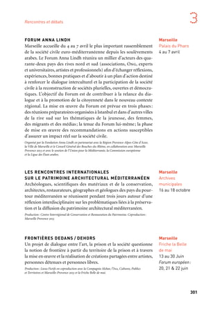 300 301
Marseille Provence aux mille visages 3
COLLÈGE AIX-MARSEILLE UNIVERSITÉ
Aix-Marseille Université propose une série de rencontres organisées
pour le public chaque deuxième mardi du mois. Véritable «uni-
versité populaire», elle a vocation à transmettre les dernières avan-
cées de la recherche et les outils critiques pour mieux déconstruire
les idées reçues et l’opinion dominante sur les sujets communs à nos
sociétés des deux rives de la Méditerranée: «Athènes et Jérusalem:
raison et révélation dans les civilisations méditerranéennes »,
«Identités et religions dans un monde sans frontière», «Citoyenneté
en Méditerranée», «Le partage de l’eau en Méditerranée», «Camus
et la Méditerranée», «Désirer en Méditerranée», etc.
Coproduction: Aix-Marseille Université et Marseille-Provence 2013
HÉRITAGES ARABO-ISLAMIQUES EN EUROPE
MÉDITERRANÉENNE
Hormis pour l’Espagne où l’empreinte d’al-Andalus est considérée
comme un fait majeur de civilisation, le legs de la présence ara-
bo-islamique au sud de l’Europe, notamment en France et en Italie,
est peu connu et suscite encore des résistances. Organisé au Mucem,
ce colloque de l’Inrap présente des travaux récents qui révèlent
les traces d’une influence culturelle clairement établies.
Production: Institut national de recherches archéologiques préventives. Coproduction: Marseille-
Provence 2013
CULTURES ROMS, UN PATRIMOINE EUROPÉEN
Présentes dans toute l’Europe depuis des siècles, les cultures «roms»,
expression de la plus importante minorité européenne, représentent
un patrimoine commun historique complexe et bien vivant. Lors
de rendez-vous proposés par le Conseil de l’Europe et la Commission
européenne, des acteurs culturels du territoire de la Capitale euro-
péenne de la culture et d’Europe, partageront réflexions et expé-
riences concrètes en vue de mettre en avant les enjeux de la culture
et du dialogue interculturel, pour une approche constructive
d’un peuple victime avant tout d’être méconnu.
Acteurs culturels et artistes associés: Mathieu Pernot (cf.p… ), Laurent Malone (GR®2013), Festival
Latcho Divano (en lien avec Košice 2013), Museon Arlaten, L’Alhambra, Les Suds d’Arles, la Cité de
la Musique de Marseille, le Pays d’Aubagne («Nous serons tous d’ici»), la Régie Culturelle Provence-
Alpes-Côte d’Azur («Le Monde est chez nous»)…
Marseille
Friche la Belle
de mai
13 au 30 Juin
Forum européen:
20, 21 & 22 juin
FORUM ANNA LINDH
Marseille accueille du 4 au 7 avril le plus important rassemblement
de la société civile euro-méditerranéenne depuis les soulèvements
arabes. Le Forum Anna Lindh réunira un millier d’acteurs des qua-
rante-deux pays des rives nord et sud (associations, Ong, experts
et universitaires, artistes et professionnels) afin d’échanger réflexions,
expériences, bonnes pratiques et d’aboutir à un plan d’action destiné
à renforcer le dialogue interculturel et la participation de la société
civile à la reconstruction de sociétés plurielles, ouvertes et démocra-
tiques. L’objectif du Forum est de contribuer à la relance du dia-
logue et à la promotion de la citoyenneté dans le nouveau contexte
régional. La mise en œuvre du Forum est prévue en trois phases:
des réunions préparatoires organisées à Istanbul et dans d’autres villes
de la rive sud sur les thématiques de la jeunesse, des femmes,
des migrants et des médias; la tenue du Forum lui-même; la phase
de mise en œuvre des recommandations en actions susceptibles
d’assurer un impact réel sur la société civile.
Organisé par la Fondation Anna Lindh en partenariat avec la Région Provence-Alpes-Côte d’Azur,
la Ville de Marseille et le Conseil Général des Bouches-du-Rhône, en collaboration avec Marseille
Provence 2013 et avec le soutien de l’Union pour la Méditerranée, la Commission européenne
et la Ligue des États arabes.
LES RENCONTRES INTERNATIONALES
SUR LE PATRIMOINE ARCHITECTURAL MÉDITERRANÉEN
Archéologues, scientifiques des matériaux et de la conservation,
architectes, restaurateurs, géographes et géologues des pays du pour-
tour méditerranéen se réunissent pendant trois jours autour d’une
réflexion interdisciplinaire sur les problématiques liées à la préserva-
tion et la diffusion du patrimoine architectural méditerranéen.
Production: Centre Interrégional de Conservation et Restauration du Patrimoine. Coproduction:
Marseille Provence 2013
FRONTIÈRES DEDANS / DEHORS
Un projet de dialogue entre l’art, la prison et la société questionne
la notion de frontière à partir du territoire de la prison et à travers
la mise en œuvre et la réalisation de créations partagées entre artistes,
personnes détenues et personnes libres.
Production: Lieux Fictifs en coproduction avec la Compagnie Alzhar, l’Ina, Cultures, Publics
et Territoires et Marseille-Provence 2013 et la Friche Belle de mai.
Printemps:
Programme
Réseau universitaire
européen d’études
romani
Automne:
Programme
de l’Itinéraire
de la culture
et du patrimoine
des Roms
Marseille
Archives
municipales
16 au 18 octobre
Marseille
MuCEM
11, 12 & 13
septembre
Marseille
Palais du Pharo
4 au 7 avril
Rencontres et débats
Marseille
Aix-Marseille
Université
— site Canebière
Aix-en-provence
Aix-Marseille
Université
— site Schuman
Chaque deuxième
mardi du mois,
de février
à novembre
 