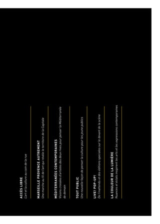 PARCOURS
ETPOINTS
DEVUE
ACCÈSLIBRE
L’artetlacultureaucoindelarue
MARSEILLEPROVENCEAUTREMENT
Unemarcheaufildel’artquirévèleleterritoiredelaCapitale
MÉDITERRANÉESCONTEMPORAINES
Visionscroiséesd’artistesdesdeuxrivespourpenserlaMéditerranée
dedemain
TOUTPUBLIC
Unenouvellefaçondepenserlaculturepourlesjeunepublics
LIVE!POP-UP!
Del’inattenduetdeséditionsspecialessurledevantdelascène
LACOULEURDELALUMIÈRE
Nuancesetéclatsinsipirentlesartsetlesexpressionscontemporaines
En2013,laculturetissedesliens,s’installeàlavillecommeàlacampagneetinvite
lepublicàregarderMarseilleProvencesousunœilnouveau.Voicisixparcourspour
découvrirunepartiedelaprogrammation...
 