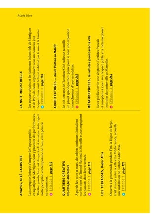 ACCÈSLIBRE
L’artetlacultureaucoindelarue
LANUITINDUSTRIELLE
LesespacesurbainsetlesbâtimentsindustrielsdeMartigues
etdePort-de-Boucapparaissentsousunnouveaujour
l’espaced’unenuit,lebanalsubliméparlesonetlalumière.
ÉPISODE2page196
ARCHITECTONES—XavierVeilhanauMAMO
Letoit-terrassedel’iconiqueCitéradieuseaccueille
unprojetspécifiquementpensépourlelieu:uneexposition
monochromesd’œuvresinédites.
ÉPISODE3page245
MÉTAMORPHOSES,lesartistesjouentaveclaville
Lieuxpublicsinviteunevingtained’artistesfrançais
eteuropéensàjoueravecl’espacepublicetàmétamorphoser
troissitesducentrevilledeMarseille.
ÉPISODE3page264
L’ARTÀL’ENDROIT
Parcoursd’artcontemporain
Quatorzeartistesderenomméeinternationalequestionnent
deslieuxdevivreensembleeninstallantdesœuvresd’art
contemporainaucœurd’Aix-en-Provence
ÉPISODE1page30
LAFOLLEHISTOIREDESARTSDELARUE
Chorégraphiesdetractopellessurlaplage,déambulations
burlesques,dansesaériennesetthéâtreimprègnentlesrues
d’unedémarcheartistique.Etenouverture,leVieuxPort
entreflammesetflots!
ÉPISODE1page120-125
ANAPOS,CITÉLACUSTRE
Lacompagnieilotopies’emparedel’espacepublic
etaquatiquedeMartiguespouryprésenterdesperformances.
Théâtre,pyrotechnie,artduspectacleetmusique,interrogent
notreperceptioncontemporainedel’eau,entrepénurie
etsubmersion.
ÉPISODE1page110
QUARTIERSCRÉATIFS
Ex-voto,lelaboratoire
Àpartirdes30et31mars,desobjetslumineuxs’installent
surlesmursduTunnelNationalàMarseilleetaccompagnent
lespassantsdansleurtraversée.
ÉPISODE1page113
LESTERRASSES,KaderAttia
Ouverteàlapromenadependantl’été,laDiguedularge,
traitd’unionentrelavilleetlaMéditerranée,accueille
uneinstallationdel’artisteKaderAttia.
ÉPISODE2page175
DOUBLEDISQUEÉVIDÉPARLESTOITS,
FELICEVARINI
LetravaildeFeliceVarinisesitueàl’articulationdel’espace,
del’architectureetdelavision.Ici,uneformeétrangeémerge
depuislaterrasseduchâteaudel’Empéri,serévèleauregard
depuisunpointdevueprécis.
ÉPISODE2page178
DANIELBUREN
Del’intérieuràl’extérieur,l’artisteinvestitIstresdesesformes
etsescouleurs.
ÉPISODE2page178
Accès libreParcours et points de vue
 