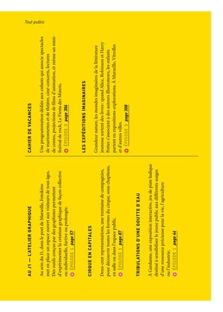 LACHASSEAU13’OR
Cent-vingtparcoursdechasseautrésororganisés
surtoutleterritoireàl’occasionduweek-endd’ouverture.
Découvrirouredécouvrirsarégionetsonhistoireenfamille
etens’amusant.
ÉPISODE1page30
LATERNAMAGICA
Lerendez-vousoriginal,créatifetmagiquedesartsdel’image,
seréinventepour2013etdéploiesaprogrammationsurtoute
l’année.
ÉPISODE1page38
AUJ1—L’ATELIERGRAPHIQUE
AuseinduJ1,dansleportdeMarseille,Fotokino
metenplaceunespaceouvertauxvisiteursdetousâges.
Desoutilsconçuspardesgraphistespermettent
d’expérimenterlacréationgraphiquedefaçoncollective
ouindividuelle,furtiveouprolongée.
ÉPISODE1page57
CIRQUEENCAPITALES
Deux-centreprésentations,unetrentainedecompagnies,
pourdécouvrirtouteslesformesducirque,souschapiteau,
ensalleoudansl’espacepublic.
ÉPISODE1page87
TRIBULATIONSD’UNEGOUTTED’EAU
ÀGardanne,uneexpositioninteractive,jeudepisteludique
destinéàsensibiliserlejeunepublicauxdifférentsusages
d’uneressourceprécieusepourlavie,l’agriculture
oul’industrie.
ÉPISODE1page44
LEPETITATELIER.
OUCOMMENTPEINDRELESOLEIL
Enparallèledel’expositionévénementdel’étéLeGrand
AtelierduMidi,lesenfantsàpartirdecinqansdécouvrent
desparcoursdédiéspoursensibiliserleurregardàtoutes
lesformesd’art.
ÉPISODE2page174
LESFRÈRESFORMAN,AURÉLIENBORY…
AuGrandThéâtredeProvenceetàlaCitédelaMolière,
degrandsmomentsdecirqueàAix-en-Provence.
ÉPISODE3page277
CAHIERDEVACANCES
Uneprogrammationdédiéeauxenfantsquiassociespectacles
demarionnettesetdethéâtre,ciné-concerts,lectures
decontes,projectionsdefilmsd’animation,etmêmeunmini-
festivalderock,LaFiestadesMinots.
ÉPISODE3page306
LESEXPÉDITIONSIMAGINAIRES
Grandeurnature,lesmondesimaginairesdelalittérature
jeunessesortentdeslivres:quandAlice,RobinsonetHarry
Potters’associentàdesauteursillustrateurs,lesenfants
partentenexpositions-explorations.ÀMarseille,Vitrolles
etd’autresvilles.
ÉPISODE3page308
Tout public
TOUTPUBLIC
Unenouvellefaçondepenserlaculturepourlesjeunespublics
Parcours et points de vue
 