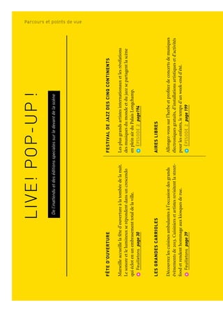 LIVE!POP-UP!
Del’inattenduetdeséditionsspecialessurledevantdelascène
FÊTED’OUVERTURE
Marseilleaccueillelafêted’ouvertureàlatombéedelanuit.
Lesonoreetlelumineuxserépondentdansuncrescendo
quiéclotenunembrasementtotaldelaville.
Feuilletonspage30
LESGRANDESCARRIOLES
Découvrezlescuisinesambulantesàl’occasiondesgrands
évènementsde2013.Cuisiniersetartistesrevisitentlastreet-
foodetrendenthommageauxkiosquesderue.
Feuilletonspage39
THISIS(NOT)MUSIC
Événementdédiéauxnouvellesculturesurbainesquimixe
artcontemporain,performancesd’artistes,ateliers,musiques
actuelles,street-art,sportsurbains.
ÉPISODE1page100
VITANONNOVA
Degrandesinstallationspluridisciplinairesassociant
spectaclesvivants,films,opéra,livesetperformances
pouraborderlaquestiondesghettoscontemporains.
ÉPISODE1page104
17e
ARRONDISSEMENT
Unecitédecontaineréphémèreenborddemeravec
sonhorlogeparlantequirythmeletemps,descomédiens
quiysonnentlesheuresdujouretdelanuitavecdescénettes
delaviequotidiennetoujoursdifférentes.
ÉPISODE1page111
FESTIVALDEJAZZDESCINQCONTINENTS
Lesplusgrandsartistesinternationauxetlesrévélations
desmusiquesdumondeetdujazzsepartagentlascène
enpleinairduPalaisLongchamp.
ÉPISODE2page194
AIRESLIBRES
Allongez-voussurl’herbeetprofitezdeconcertsdemusiques
électroniquesgratuits,d’installationsartistiquesetd’activités
pourlesenfants,letempsd’unweek-endd’été.
ÉPISODE2page199
CENTREPOMPIDOUMOBILE
Lepremiermuséenomadeaumondes’installentsurlesbords
del’HuveauneetaccueilleMatisse,Braque,Picasso,Calder,
Dubuffet,Légeroud’autres.
ÉPISODE3page249
MARSATAC/MIXUP
Pourson15e
anniversaire,lefestivalprésentequatrescènes
pourprèsdetrente-cinqconcertsetsonprojetMixUp
oùdesartistesdelascènealternativeinternationale
collaborentavecdesartisteslocaux.
ÉPISODE3page266
ACTORAL
Festivalconsacréauxécriturescontemporaines,uneoccasion
uniquedefairesecroiserdesartistessouventcatalogués
dansdesdisciplinesrivales.
ÉPISODE3page272
Live! Pop-up!Parcours et points de vue
 