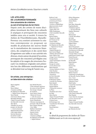 36 37
À retrouver tout au long de l’année 1/2/3
Partenaires
À Marseille, avec les Groupements d’intérêt
public (Gip) Politique de la Ville et Marseille
Rénovation Urbaine. Dans les collectivi-
tés associées en lien étroit avec les services
de politique de la Ville et d’aménagement
urbain. Dans le cadre des programmes
de rénovation urbaine portés par l’Anru.
Avec le soutien de la Caisse des dépôts et
consignations. Et, pour certains territoires,
avec l’apport des fonds européens Feder
pour Marseille Provence Métropole. Avec le
soutien de la Fondation Logirem et d’autres
bailleurs sociaux.
LES QUARTIERS CRÉATIFS
Art et transformation urbaine en dialogue
Démarré dès 2011, le programme «Quartiers
créatifs » installe des artistes en résidence
au cœur d’une quinzaine de quartiers
en rénovation urbaine sur tout le terri-
toire de la Capitale. Il s’agit de produire
des objets ou des actions dont l’élaboration
des formes sera partagée avec les habitants.
Ce programme de recherche et de création
artistiques, lancé au cœur du mouvement
de la rénovation urbaine, doit pouvoir ques-
tionner, infléchir ou compléter le processus
d’aménagement tout en invitant les habi-
tants à s’approprier pleinement leur espace
public en contribuant à sa transformation.
Tout au long de l’année 2013, ces résidences
se donnent à voir sous la forme d’interven-
tions dans l’espace public, d’installations
éphémères ou provisoires ainsi que des
temps de rencontre autour des réalisations.
Radio Grenouille accompagne ces disposi-
tifs d’échanges et de production artistique,
en réalisant un travail documentaire sonore.
Ateliers EuroMediterrannée / Quartiers créatifs
Tous acteurs!
Partenaire grand projet
Avec le concours
de CER France
Répondre à l’envie de s’engager de nombreux acteurs de ce territoire,
accompagner habitants, membres d’associations, employés, chefs
d’entreprise, être avec eux au cœur des transformations urbaines, tels
sont les piliers des deux programmes phares développés à l’occasion
de la Capitale européenne de la culture.
>
Le détail du programme des Ateliers de l’Euro-
Méditerranée sur le site www.mp2013.fr
Marie Angeletti
/Pébéo*
Marco Baliani
/Assistance publique
des Hôpitaux de Marseille
— Hôpital Sainte-Marguerite
Taysir Batniji
/Savonnerie Marius Fabre
Mustapha Benfodil
/Espace Fernand-Pouillon
Aix-Marseille Université
Alice Berni
/Bataillon de marins-
pompiers de Marseille
— Caserne Saumaty
Mohamed Bourouissa
/Pôle emploi Joliette
Séverine Bruneton
& Laëtitia Cordier
/Descours et Cabaud
Jean Michel Bruyère
/École nationale supérieure
des mines de Saint-Étienne
Site Georges-Charpak
de Gardanne
Anne-James Chaton
/Maison de l’avocat
— ordre des avocats
du barreau de Marseille
Sonia Chiambretto
/Bureaux municipaux de
proximité, Ville de Marseille
Jean-Claude Chianale
/Azur Offset
Mathieu Clainchard
/Maison de ventes
Damien Leclère
Gilles Clément
/Assistance publique
des Hôpitaux de Marseille
— hôpital Salvator
Kathryn Cook
/Association Jeunesse
arménienne de France
Antoine d’Agata
/Archives et Bibliothèque
départementales de prêt
Robin Decourcy
/Agence Bleu ciel*
Gilles Desplanques
/Club immobilier Marseille
Provence
Kitsou Dubois
/Équipes de voltige
de l’Armée de l’air
Ymane Fakhir
/Assistance publique
des Hôpitaux de Marseille
— hôpital de la Timone
Dora Garcia
/hôpital Montperrin
Joao Garcia Miguel
/Habitat alternatif social
Anne-Valérie Gasc
/Ginger Cebtp Démolition
Groupe Dunes
/Apical Technologie et Institut
Pythéas (Imep)
Groupe Ici-même
/Centre Bonneveine
Mona Hatoum
/Arnoux Industrie et Cirva
Célia Houdart
& Sébastien Roux
/Entreprises
du Puits Morandat
Mathieu Immer
& Benjamin Lahitte
/centrale Edf Ponteau
Katia Kameli
/Futur Telecom
Djamel Kokene
/Tribunal de commerce
Le Phun
/Fondation de la Tour
du Valat
Alicia Martin
/Espace Fernand-Pouillon
Aix-Marseille Université
Cristina Lucas
& Dominique Cier
/Coordination Patrimoine
et Création
Pascal Martinez
/Cirva
Olivier Menanteau
/La Marseillaise
Amina Menia
/Agam
Jean-Marc Munerelle
& gethan&myles
/Fondation Logirem
— cité de la Bricarde
Stephan Muntaner
/ La Poste
Musicatreize
/ Société Marseillaise
de Crédit
Yazid Oulab
/Centre Richebois
Miguel Palma
/Voyons voir
Hervé Paraponaris
/École nationale supérieure
d’architecture de Marseille
Alexandre Perigot
/Groupe Daher et Lycée
professionnel Gustave-Eiffel
Franck Pourcel
/Société nautique
de Marseille
Marie Reinert
/Marfret*
Étienne Rey
/Iméra
Karine Rougier
/Vacances bleues*
Bettina Samson
/Laboratoire astrophysique
de Marseille (Institut Pythéas,
Amu, Cnrs)
Vanessa Santullo
/bijouterie Frojo*
Zineb Sedira
/ Grand Port maritime
de Marseille
Alia Sellami
/ Carniel
Nicolas Simarik
/New Hotel of Marseille
Wael Shawky
/Adef-École de céramique
et Satis-Astram Lab
Ozlem Sulak
/Espace Fernand-Pouillon
Aix-Marseille Université
* Projets proposés
par Mécènes du Sud
LES ATELIERS
DE L’EUROMÉDITERRANÉE
Une soixantaine de créations
au sein d’entreprises du territoire
Depuis 2008, des artistes de toutes disci-
plines investissent des lieux non culturels
et atypiques et provoquent des rencontres
inédites entre arts et société. À travers les
Ateliers de l’EuroMéditerranée, Marseille-
Provence 2013 soutient activement la créa-
tion contemporaine en proposant un
modèle de production des œuvres fondé
sur la mutualisation des ressources finan-
cières, des compétences et des savoir-faire
d’organismes aux tailles et aux activités très
diverses, réunis autour du projet d’un artiste,
provoquant des rencontres privilégiées avec
les salariés et les usagers des structures d’ac-
cueil. Ces résidences originales sont présen-
tées lors des différentes manifestations qui
se déroulent tout au long de l’année 2013.
Un artiste, une entreprise:
un laboratoire de création
 
