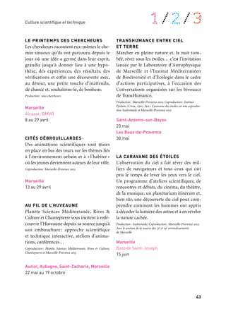 42 43
À retrouver tout au long de l’année 1/2/3
Culture scientifique
et technique
Culture scientifique et technique
Parce qu’elles permettent de se construire
une représentation du monde, les sciences
exactes, les sciences expérimentales et les
technologies font partie de la culture et plus
généralement de notre société, devenant
indispensables à tous les niveaux de notre
vie quotidienne. Comprendre les conditions
de l’évolution qui conduisent à ces innova-
tions, réduire l’écart qui se creuse entre les
experts et le grand public et favoriser le par-
tage de ces connaissances sont les résolutions
prises par Marseille-Provence 2013. Ainsi la
culture scientifique se retrouve tout au long
de l’année: le Souk des sciences dès les pre-
miers jours du printemps, l’ouverture de
trois expositions pendant l’été et La Fête de
la science à l’automne qui s’étend à l’échelle
du territoire tout entier.
Sciences de printemps
SOUK DES SCIENCES
La science devient accessible. Léger et inat-
tendu, le Souk des sciences s’installe auprès
des habitants, sur une place ou au coin d’une
rue. En quelques minutes, des scientifiques
ou des chercheurs racontent de belles his-
toires de sciences, font découvrir quelques
secrets de la nature ou étonnent avec les der-
nières inventions technologiques.
Production: Aix-Marseille Université. Coproduction: Marseille-
Provence 2013
Gardanne
Cours Bontemps
3 avril
Marseille
Parc François-Billoux
10 avril
Cours Belsunce
22 mai
Aix-en-Provence
Cours Mirabeau
15 mai
LE PRINTEMPS DES CHERCHEURS
Les chercheurs racontent eux-mêmes le che-
min sinueux qu’ils ont parcouru depuis le
jour où une idée a germé dans leur esprit,
grandie jusqu’à donner lieu à une hypo-
thèse, des expériences, des résultats, des
vérifications et enfin une découverte avec,
au détour, une petite touche d’inattendu,
de chance et, souhaitons-le, de bonheur.
Production: tous chercheurs
Marseille
Alcazar, BMVR
8 au 27 avril
CITÉS DÉBROUILLARDES
Des animations scientifiques sont mises
en place en bas des tours sur les thèmes liés
à l’environnement urbain et à « l’habiter »
où les jeunes deviennent acteurs de leur ville.
Coproduction: Marseille-Provence 2013
Marseille
13 au 29 avril
AU FIL DE L’HUVEAUNE
Planète Sciences Méditerranée, Rives &
Culture et Chantepierre vous invitent à redé-
couvrir l’Huveaune depuis sa source jusqu’à
son embouchure : approche scientifique
et technique interactive, ateliers d’anima-
tions, conférences…
Coproduction: Planète Sciences Méditerranée, Rives & Culture,
Chantepierre et Marseille-Provence 2013
Auriol, Aubagne, Saint-Zacharie, Marseille
22 mai au 19 octobre
TRANSHUMANCE ENTRE CIEL
ET TERRE
Marcher en pleine nature et, la nuit tom-
bée, rêver sous les étoiles… c’est l’invitation
lancée par le Laboratoire d’Astrophysique
de Marseille et l’Institut Méditerranéen
de Biodiversité et d’Écologie dans le cadre
d’actions participatives, à l’occasion des
Conversations organisées sur les bivouacs
de TransHumance.
Production: Marseille-Provence 2013. Coproduction: Institut
Pythéas (Cnrs, Amu, Ird). Caravane des étoiles est une coproduc-
tion Andromède et Marseille-Provence 2013
Saint-Antonin-sur-Bayon
23 mai
Les Baux-de-Provence
30 mai
LA CARAVANE DES ÉTOILES
L’observation du ciel a fait rêver des mil-
liers de navigateurs et tous ceux qui ont
pris le temps de lever les yeux vers le ciel.
Un programme d’ateliers scientifiques, de
rencontres et débats, du cinéma, du théâtre,
de la musique, un planétarium itinérant et,
bien sûr, une découverte du ciel pour com-
prendre comment les hommes ont appris
à décoder la lumière des astres et à en révéler
la nature cachée.
Production: Andromède. Coproduction: Marseille-Provence 2013.
Avec le soutien de la mairie des 13e et 14e arrondissements
de Marseille
Marseille
Bastide Saint-Joseph
15 juin
 