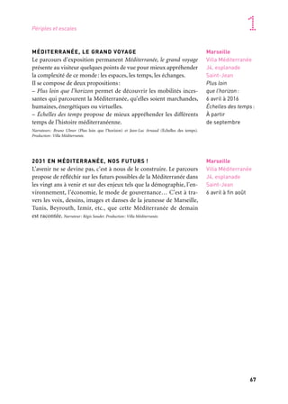 66 67
Marseille Provence accueille le monde 1
MÉDITERRANÉE, LE GRAND VOYAGE
Le parcours d’exposition permanent Méditerranée, le grand voyage
présente au visiteur quelques points de vue pour mieux appréhender
la complexité de ce monde: les espaces, les temps, les échanges.
Il se compose de deux propositions:
– Plus loin que l’horizon permet de découvrir les mobilités inces-
santes qui parcourent la Méditerranée, qu’elles soient marchandes,
humaines, énergétiques ou virtuelles.
– Échelles des temps propose de mieux appréhender les différents
temps de l’histoire méditerranéenne.
Narrateurs: Bruno Ulmer (Plus loin que l’horizon) et Jean-Luc Arnaud (Échelles des temps).
Production: Villa Méditerranée.
2031 EN MÉDITERRANÉE, NOS FUTURS !
L’avenir ne se devine pas, c’est à nous de le construire. Le parcours
propose de réfléchir sur les futurs possibles de la Méditerranée dans
les vingt ans à venir et sur des enjeux tels que la démographie, l’en-
vironnement, l’économie, le mode de gouvernance… C’est à tra-
vers les voix, dessins, images et danses de la jeunesse de Marseille,
Tunis, Beyrouth, Izmir, etc., que cette Méditerranée de demain
est racontée. Narrateur: Régis Sauder. Production: Villa Méditerranée.
Marseille
Villa Méditerranée
J4, esplanade
Saint-Jean
Plus loin
que l’horizon:
6 avril à 2016
Échelles des temps:
À partir
de septembre
Marseille
Villa Méditerranée
J4, esplanade
Saint-Jean
6 avril à fin août
Marseille
J4, esplanade
Saint-Jean
15 mars
Ouverture de la Villa Méditerranée
Née de la volonté de la Région Provence-Alpes-Côte d’Azur, la Villa
Méditerranée accompagne l’engagement de celle-ci pour la coo-
pération et donne à voir. C’est un lieu de rencontres, d’échanges
et d’exploration de la Méditerranée ouvert à tous. La programma-
tion 2013 s’articule autour de parcours d’expositions permanents
et de deux parcours d’expositions temporaires, qui, accompagnés
d’événements (projections cinéma, spectacles, débats, etc.), per-
mettent à chacun de s’étonner, d’apprendre, de débattre et de mieux
comprendre la réalité complexe de la Méditerranée. Le bâtiment,
conçu par l’architecte milanais Stefano Boeri, comprend des espaces
aériens, terrestres et sous-marins.
Niveau 0: atrium (accueil des publics), cafétéria.
Niveau +1: porte-à-faux (parcours d’expositions temporaires),
belvédère en accès libre.
Niveaux -1 et -2: coursive et agora (parcours d’expositions perma-
nents), amphithéâtre de 400 places.Projet
de la Villa Méditerranée
Périples et escales
 