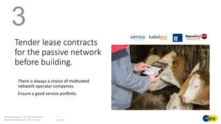 Tender lease contracts
for the passive network
before building.
There	is	always	a	choice	of	moOvated	
network	operator	companies	
Ensure	a	good	service	porfolio	
	
	
13.02.17	
oﬃce@noegig.at	|	+43-2742-9000-19770	
Niederösterreichring	2,	3100	St.	Pölten	
7	
3
 