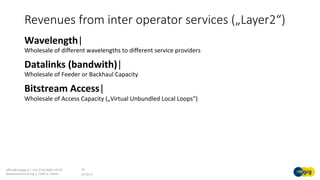 Revenues from inter operator services („Layer2“)
19.02.17	
oﬃce@noegig.at	|	+43-2742-9000-19770	
Niederösterreichring	2,	3100	St.	Pölten	
10	
Wavelength|	
Wholesale	of	diﬀerent	wavelengths	to	diﬀerent	service	providers		
Datalinks	(bandwith)|	
Wholesale	of	Feeder	or	Backhaul	Capacity	
Bitstream	Access|	
Wholesale	of	Access	Capacity	(„Virtual	Unbundled	Local	Loops“)	
	
 