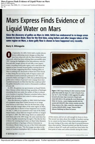 Reproduced with permission of the copyright owner. Further reproduction prohibited without permission.
Mars Express Finds Evidence of Liquid Water on Mars
Barry E DiGregorio
Spectroscopy; Jan 2006; 21, 1; Career and Technical Education
pg. 34
 