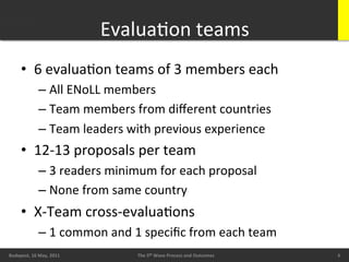 EvaluaBon	
  teams
                                                       	
  
        •  6	
  evaluaBon	
  teams	
  of	
  3	
  members	
  each	
  
                   –  All	
  ENoLL	
  members	
  
                   –  Team	
  members	
  from	
  diﬀerent	
  countries	
  
                   –  Team	
  leaders	
  with	
  previous	
  experience	
  
        •  12-­‐13	
  proposals	
  per	
  team	
  
                   –  3	
  readers	
  minimum	
  for	
  each	
  proposal	
  
                   –  None	
  from	
  same	
  country	
  
        •  X-­‐Team	
  cross-­‐evaluaBons	
  
                   –  1	
  common	
  and	
  1	
  speciﬁc	
  from	
  each	
  team	
  
        20/05/11	
                                                                                  6	
  
Budapest,	
  16	
  May,	
  2011	
            The	
  5th	
  Wave	
  Process	
  and	
  Outcomes	
             6	
  
                                                                                                             6	
  
 