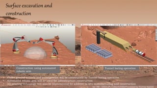 Surface excavation and
construction
• Under ground tunnels and passageways will be constructed by Tunnel boring operation
• Automated robotic arm will be used for infrastructure construction
• 3D printing technology will also be implemented for additive in-situ manufacturing and construction
Tunnel boring operation
Construction using automated
robotic arm
 