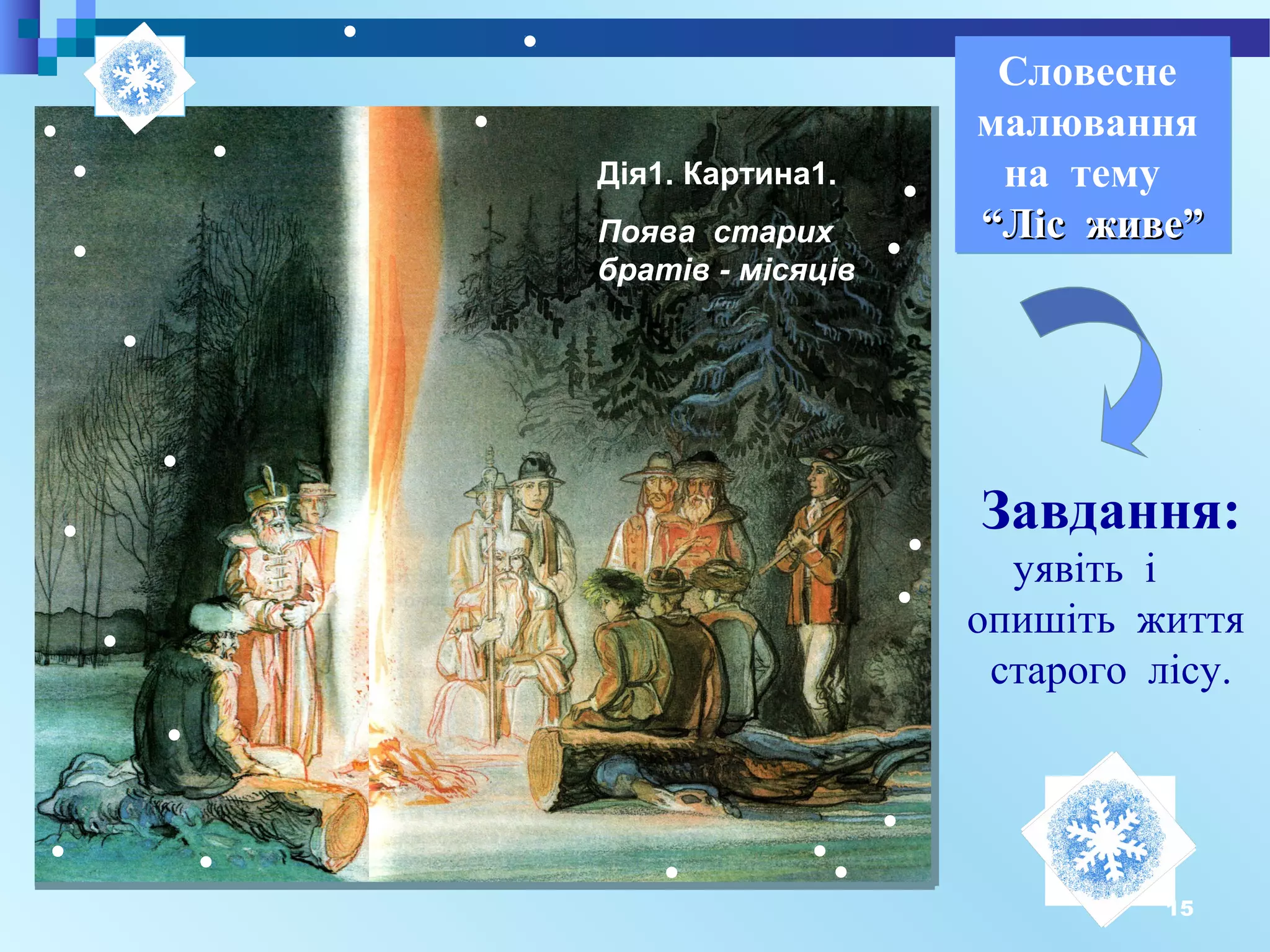 15
Дія1. Картина1.
Поява старих
братів - місяців
Завдання:
уявіть і
опишіть життя
старого лісу.
Словесне
малювання
на тему
““Ліс живе”Ліс живе”
Словесне
малювання
на тему
““Ліс живе”Ліс живе”
 