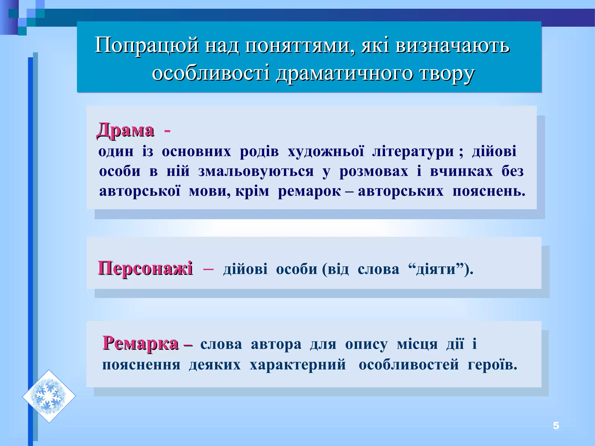 5
ДрамаДрама -
один із основних родів художньої літератури ; дійові
особи в ній змальовуються у розмовах і вчинках без
авторської мови, крім ремарок – авторських пояснень.
ДрамаДрама -
один із основних родів художньої літератури ; дійові
особи в ній змальовуються у розмовах і вчинках без
авторської мови, крім ремарок – авторських пояснень.
ПерсонажіПерсонажі – дійові особи (від слова “діяти”).
РемаркаРемарка –– слова автора для опису місця дії і
пояснення деяких характерний особливостей героїв.
Попрацюй над поняттями, які визначаютьПопрацюй над поняттями, які визначають
особливості драматичного творуособливості драматичного твору
 