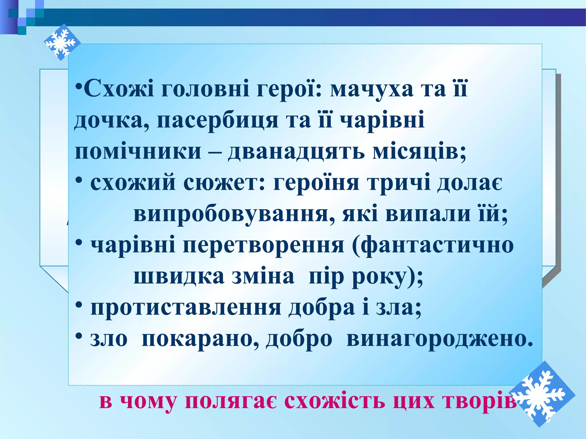 9
Чеська
письменниця
переказала
казку у XIX ст.
С.Маршак
написав свою
п’єсу-казку у
XX ст.
Дайте відповідь на питання:
в чому полягає схожість цих творів ?
•Схожі головні герої: мачуха та її
дочка, пасербиця та її чарівні
помічники – дванадцять місяців;
• схожий сюжет: героїня тричі долає
випробовування, які випали їй;
• чарівні перетворення (фантастично
швидка зміна пір року);
• протиставлення добра і зла;
• зло покарано, добро винагороджено.
 