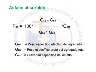 Asfalto absorbido:
Gse - Gsb
Pba = 100* *Gasf
Gse * Gsb
Gse = Peso especifico efectivo del agregado
Gsb = Peso específico bruto del agregado total
Gasf = Gravedad específica del asfalto.
 