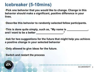 Icebreaker (5-10mins)
•Pick one behavior that you would like to change. Change in this
behavior should make a significant, positive difference in your
lives.

•Describe this behavior to randomly selected fellow participants.

•This is done quite simply, such as, "My name is ______________,
and I want to be a better __________________."

•Ask for two suggestions for the future that might help you achieve
a positive change in your selected behavior

•Only allowed to give ideas for the future.

•Switch and restart the process



                                                          EA UNIVERSITY   3
 