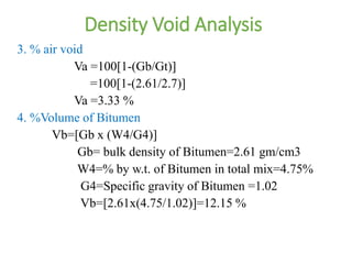 Density Void Analysis
3. % air void
Va =100[1-(Gb/Gt)]
=100[1-(2.61/2.7)]
Va =3.33 %
4. %Volume of Bitumen
Vb=[Gb x (W4/G4)]
Gb= bulk density of Bitumen=2.61 gm/cm3
W4=% by w.t. of Bitumen in total mix=4.75%
G4=Specific gravity of Bitumen =1.02
Vb=[2.61x(4.75/1.02)]=12.15 %
 