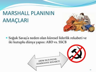 MARSHALL PLANININ
AMAÇLARI
 Soğuk Savaş’a neden olan küresel liderlik rekabeti ve
iki kutuplu dünya yapısı: ABD vs. SSCB
10
 