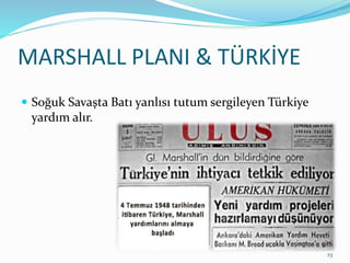 MARSHALL PLANI & TÜRKİYE
 Soğuk Savaşta Batı yanlısı tutum sergileyen Türkiye
yardım alır.
23
 