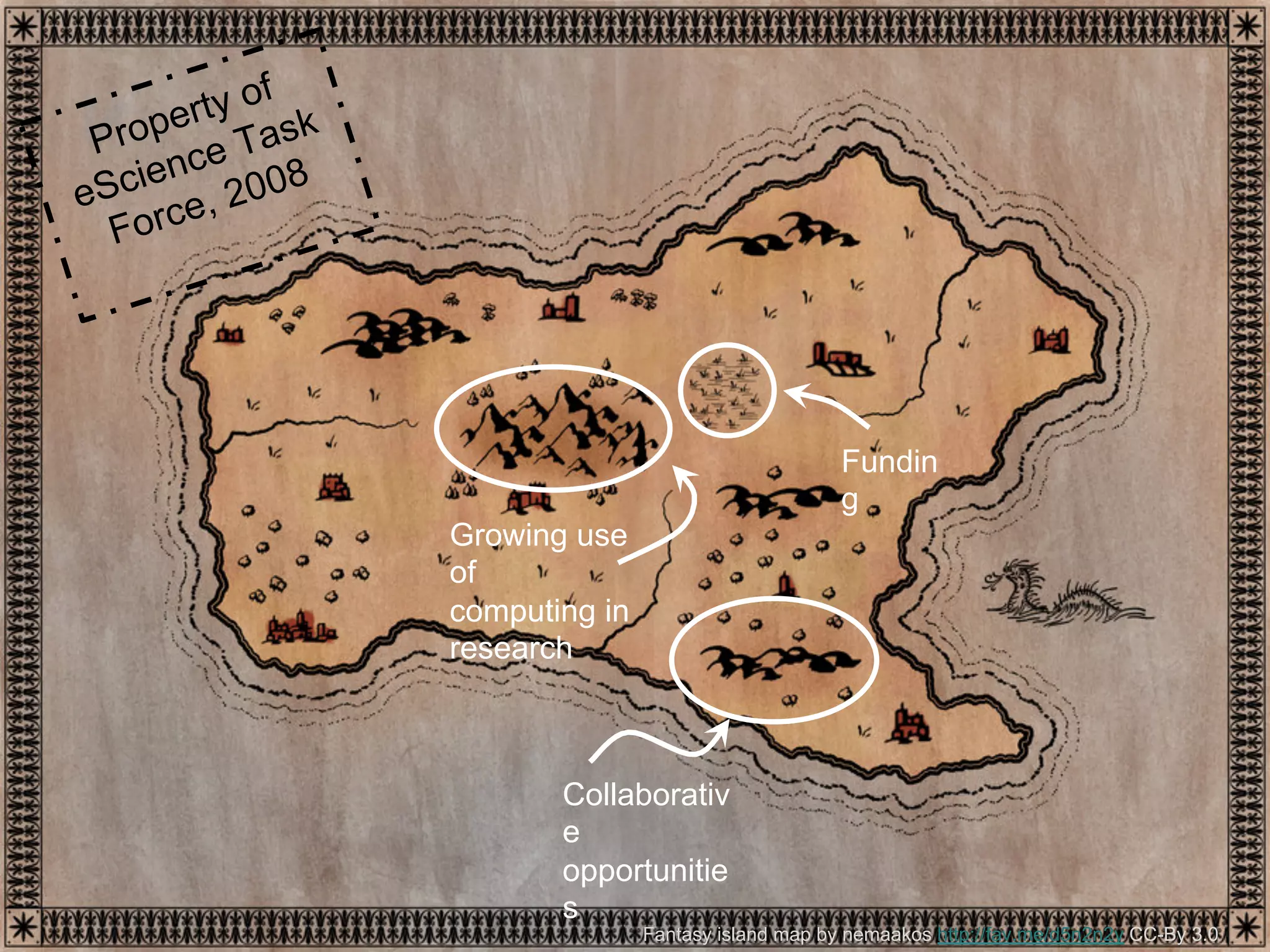 Fantasy island map by nemaakos http://fav.me/d5n2n2y CC-By 3.0
Property of
eScience Task
Force, 2008
Collaborative
opportunities
Growing
use of
computing
in research
Funding
 