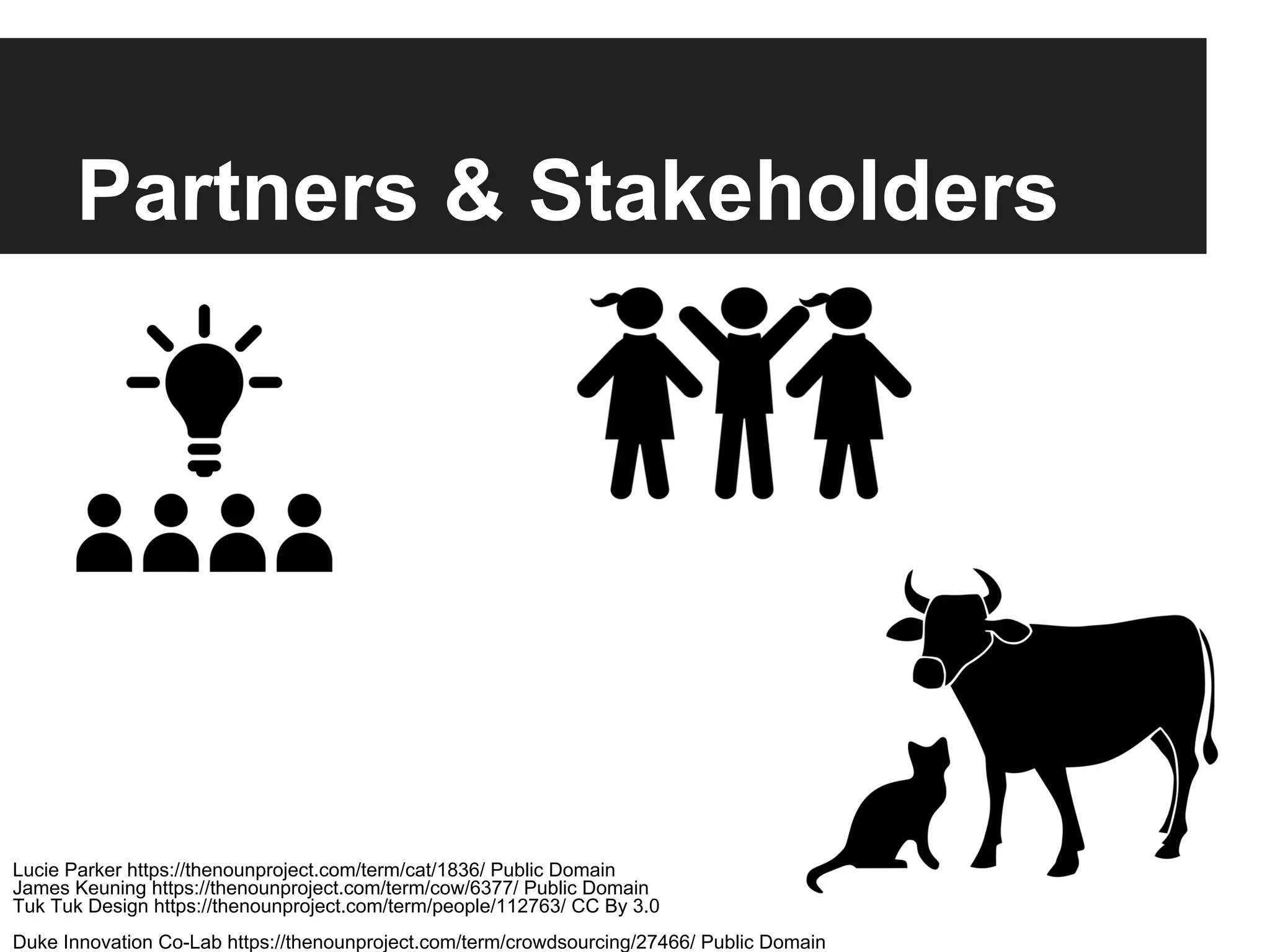 Partners & Stakeholders
James Keuning https://thenounproject.com/term/cow/6377/ Public Domain
Lucie Parker https://thenounproject.com/term/cat/1836/ Public Domain
Duke Innovation Co-Lab https://thenounproject.com/term/crowdsourcing/27466/ Public Domain
Tuk Tuk Design https://thenounproject.com/term/people/112763/ CC By 3.0
 