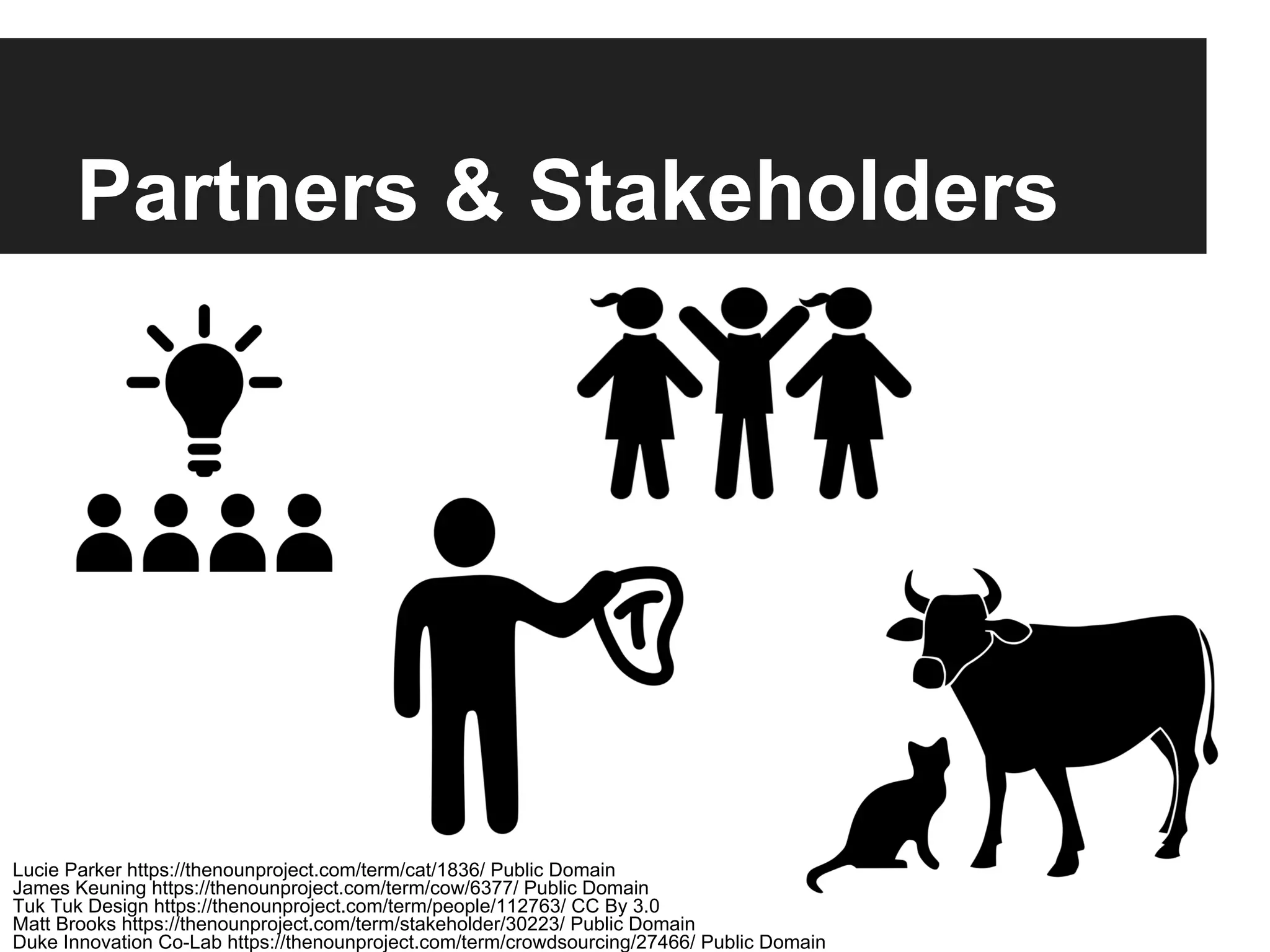 Partners & Stakeholders
Matt Brooks https://thenounproject.com/term/stakeholder/30223/ Public Domain
James Keuning https://thenounproject.com/term/cow/6377/ Public Domain
Lucie Parker https://thenounproject.com/term/cat/1836/ Public Domain
Duke Innovation Co-Lab https://thenounproject.com/term/crowdsourcing/27466/ Public Domain
Tuk Tuk Design https://thenounproject.com/term/people/112763/ CC By 3.0
 