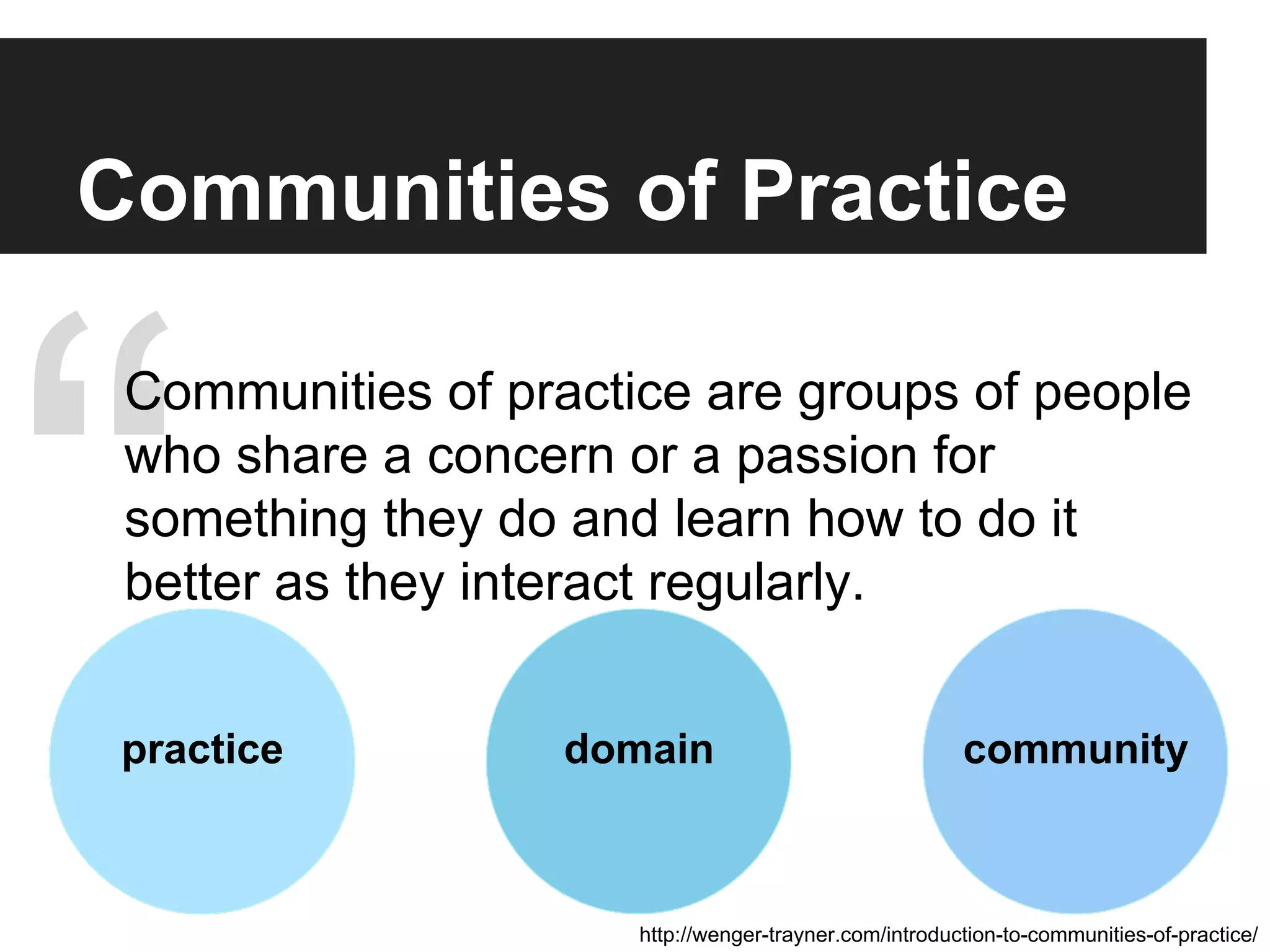 “ http://wenger-trayner.com/introduction-to-communities-of-practice/
Communities of Practice
Communities of practice are groups of people
who share a concern or a passion for
something they do and learn how to do it
better as they interact regularly.
domainpractice community
 