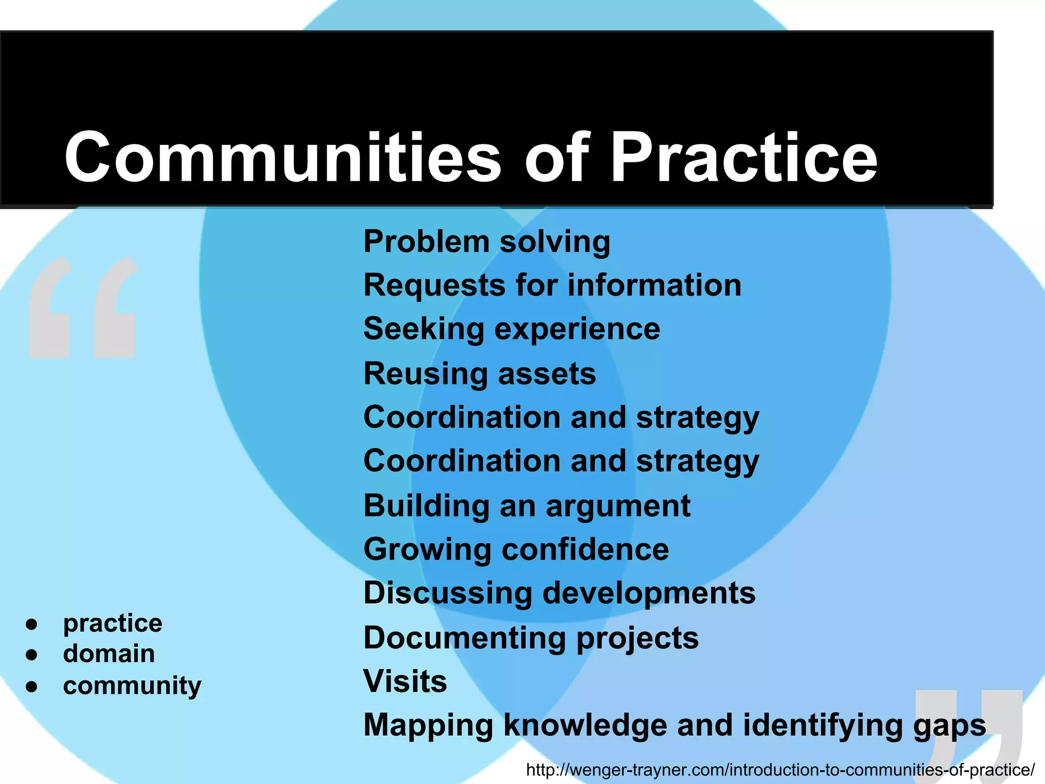 “ http://wenger-trayner.com/introduction-to-communities-of-practice/
Communities of Practice
Problem solving
Requests for information
Seeking experience
Reusing assets
Coordination and strategy
Coordination and strategy
Building an argument
Growing confidence
Discussing developments
Documenting projects
Visits
Mapping knowledge and identifying gaps
●  practice
●  domain
●  community
 
