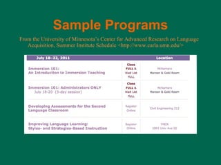 Sample   Programs From the University of Minnesota’s Center for Advanced Research on Language Acquisition, Summer Institute Schedule <http://www.carla.umn.edu/> 