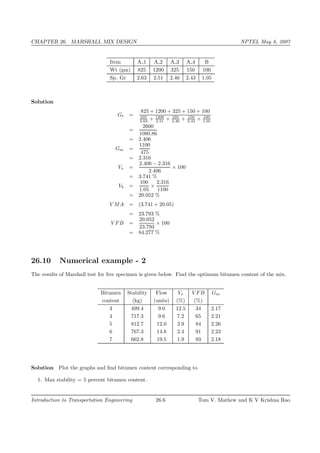 CHAPTER 26. MARSHALL MIX DESIGN NPTEL May 8, 2007
Item A 1 A 2 A 3 A 4 B
Wt (gm) 825 1200 325 150 100
Sp. Gr 2.63 2.51 2.46 2.43 1.05
Solution
Gt =
825 + 1200 + 325 + 150 + 100
825
2.63 + 1200
2.51 + 325
2.46 + 150
2.43 + 100
1.05
=
2600
1080.86
= 2.406
Gm =
1100
475
= 2.316
Vv =
2.406 − 2.316
2.406
× 100
= 3.741 %
Vb =
100
1.05
×
2.316
1100
= 20.052 %
V MA = (3.741 + 20.05)
= 23.793 %
V FB =
20.052
23.793
× 100
= 84.277 %
26.10 Numerical example - 2
The results of Marshall test for ﬁve specimen is given below. Find the optimum bitumen content of the mix.
Bitumen Stability Flow Vv V FB Gm
content (kg) (units) (%) (%)
3 499.4 9.0 12.5 34 2.17
4 717.3 9.6 7.2 65 2.21
5 812.7 12.0 3.9 84 2.26
6 767.3 14.8 2.4 91 2.23
7 662.8 19.5 1.9 93 2.18
Solution Plot the graphs and ﬁnd bitumen content corresponding to
1. Max stability = 5 percent bitumen content.
Introduction to Transportation Engineering 26.6 Tom V. Mathew and K V Krishna Rao
 