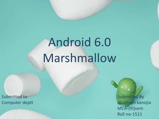 Android 6.0
Marshmallow
Submitted to Submitted By
Computer deptt Shubham kanojia
MCA-(III)sem
Roll no-1511
 