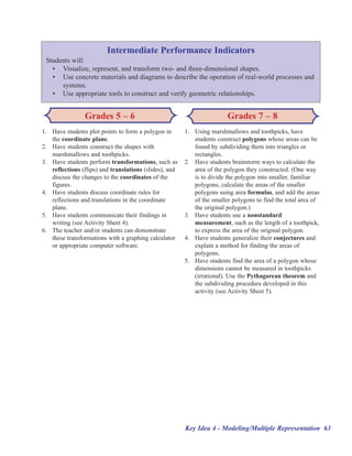 Intermediate Performance Indicators
 Students will:
   •• Visualize, represent, and transform two- and three-dimensional shapes.
   •• Use concrete materials and diagrams to describe the operation of real-world processes and
      systems.
   •• Use appropriate tools to construct and verify geometric relationships.


                Grades 5 –– 6                                           Grades 7 –– 8
1. Have students plot points to form a polygon in       1. Using marshmallows and toothpicks, have
   the coordinate plane.                                   students construct polygons whose areas can be
2. Have students construct the shapes with                 found by subdividing them into triangles or
   marshmallows and toothpicks.                            rectangles.
3. Have students perform transformations, such as       2. Have students brainstorm ways to calculate the
   reflections (flips) and translations (slides), and      area of the polygon they constructed. (One way
   discuss the changes to the coordinates of the           is to divide the polygon into smaller, familiar
   figures.                                                polygons, calculate the areas of the smaller
4. Have students discuss coordinate rules for              polygons using area formulas, and add the areas
   reflections and translations in the coordinate          of the smaller polygons to find the total area of
   plane.                                                  the original polygon.)
5. Have students communicate their findings in          3. Have students use a nonstandard
   writing (see Activity Sheet 4).                         measurement, such as the length of a toothpick,
6. The teacher and/or students can demonstrate             to express the area of the original polygon.
   these transformations with a graphing calculator     4. Have students generalize their conjectures and
   or appropriate computer software.                       explain a method for finding the areas of
                                                           polygons.
                                                        5. Have students find the area of a polygon whose
                                                           dimensions cannot be measured in toothpicks
                                                           (irrational). Use the Pythagorean theorem and
                                                           the subdividing procedure developed in this
                                                           activity (see Activity Sheet 5).




                                                        Key Idea 4 - Modeling/Multiple Representation 63
 