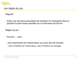 Les règles du jeuObjectif :Créer une structure permettant de maintenir le chamallow dans la position la plus haute possible sur un time-boxe de 20 minRègles du jeu  :Aucune … sauf :Une intervention de l’observateur au cours des 20 minutes soit à l’initiative de l’observateur, soit à l’initiative du managerNo. 6