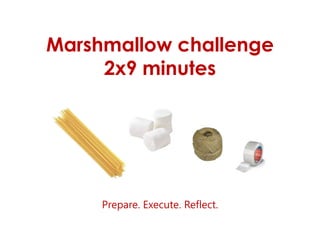 Marshmallow challenge
2x9 minutes
Prepare. Execute. Reflect.
 