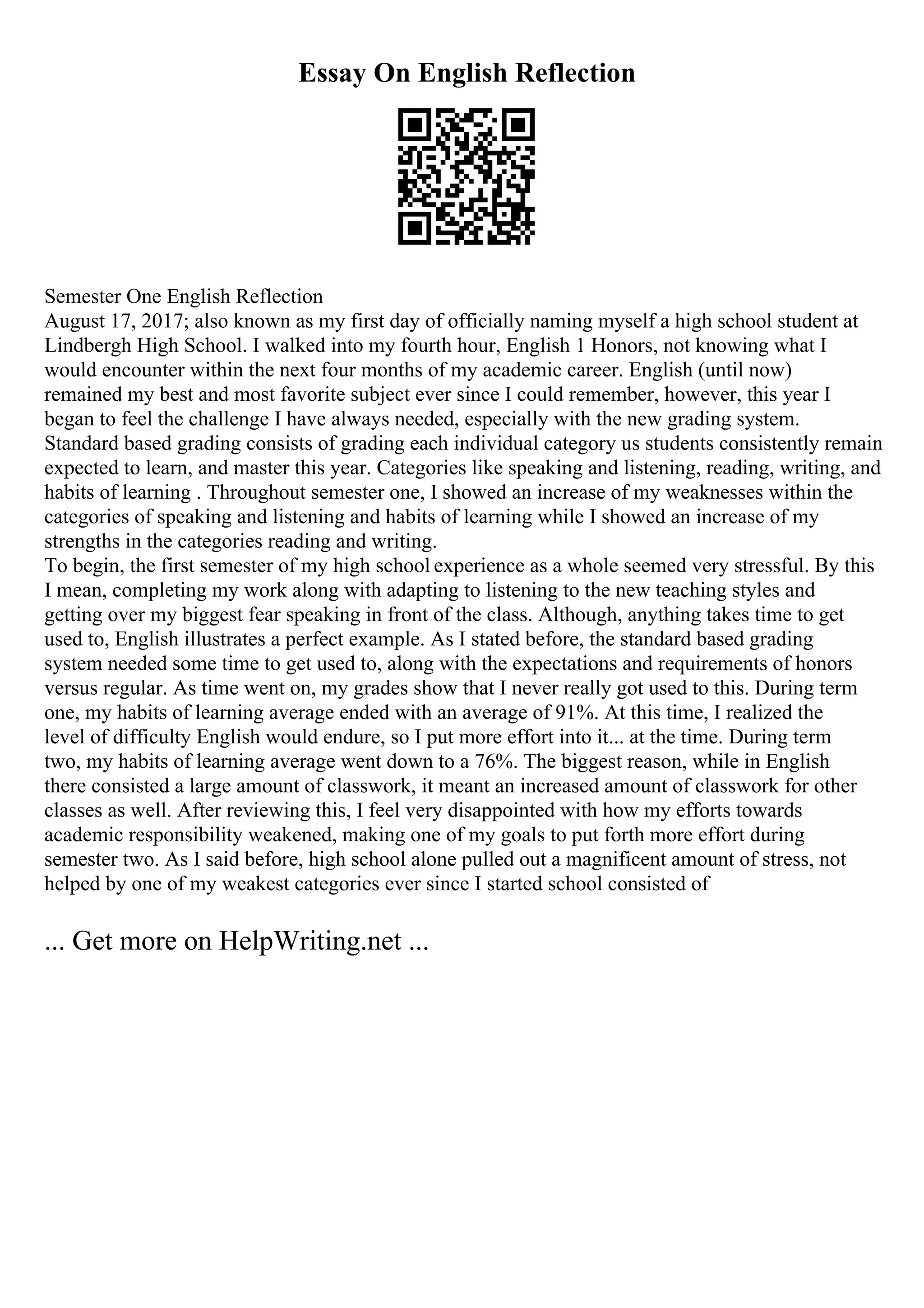 Essay On English Reflection
Semester One English Reflection
August 17, 2017; also known as my first day of officially naming myself a high school student at
Lindbergh High School. I walked into my fourth hour, English 1 Honors, not knowing what I
would encounter within the next four months of my academic career. English (until now)
remained my best and most favorite subject ever since I could remember, however, this year I
began to feel the challenge I have always needed, especially with the new grading system.
Standard based grading consists of grading each individual category us students consistently remain
expected to learn, and master this year. Categories like speaking and listening, reading, writing, and
habits of learning . Throughout semester one, I showed an increase of my weaknesses within the
categories of speaking and listening and habits of learning while I showed an increase of my
strengths in the categories reading and writing.
To begin, the first semester of my high school experience as a whole seemed very stressful. By this
I mean, completing my work along with adapting to listening to the new teaching styles and
getting over my biggest fear speaking in front of the class. Although, anything takes time to get
used to, English illustrates a perfect example. As I stated before, the standard based grading
system needed some time to get used to, along with the expectations and requirements of honors
versus regular. As time went on, my grades show that I never really got used to this. During term
one, my habits of learning average ended with an average of 91%. At this time, I realized the
level of difficulty English would endure, so I put more effort into it... at the time. During term
two, my habits of learning average went down to a 76%. The biggest reason, while in English
there consisted a large amount of classwork, it meant an increased amount of classwork for other
classes as well. After reviewing this, I feel very disappointed with how my efforts towards
academic responsibility weakened, making one of my goals to put forth more effort during
semester two. As I said before, high school alone pulled out a magnificent amount of stress, not
helped by one of my weakest categories ever since I started school consisted of
... Get more on HelpWriting.net ...
 