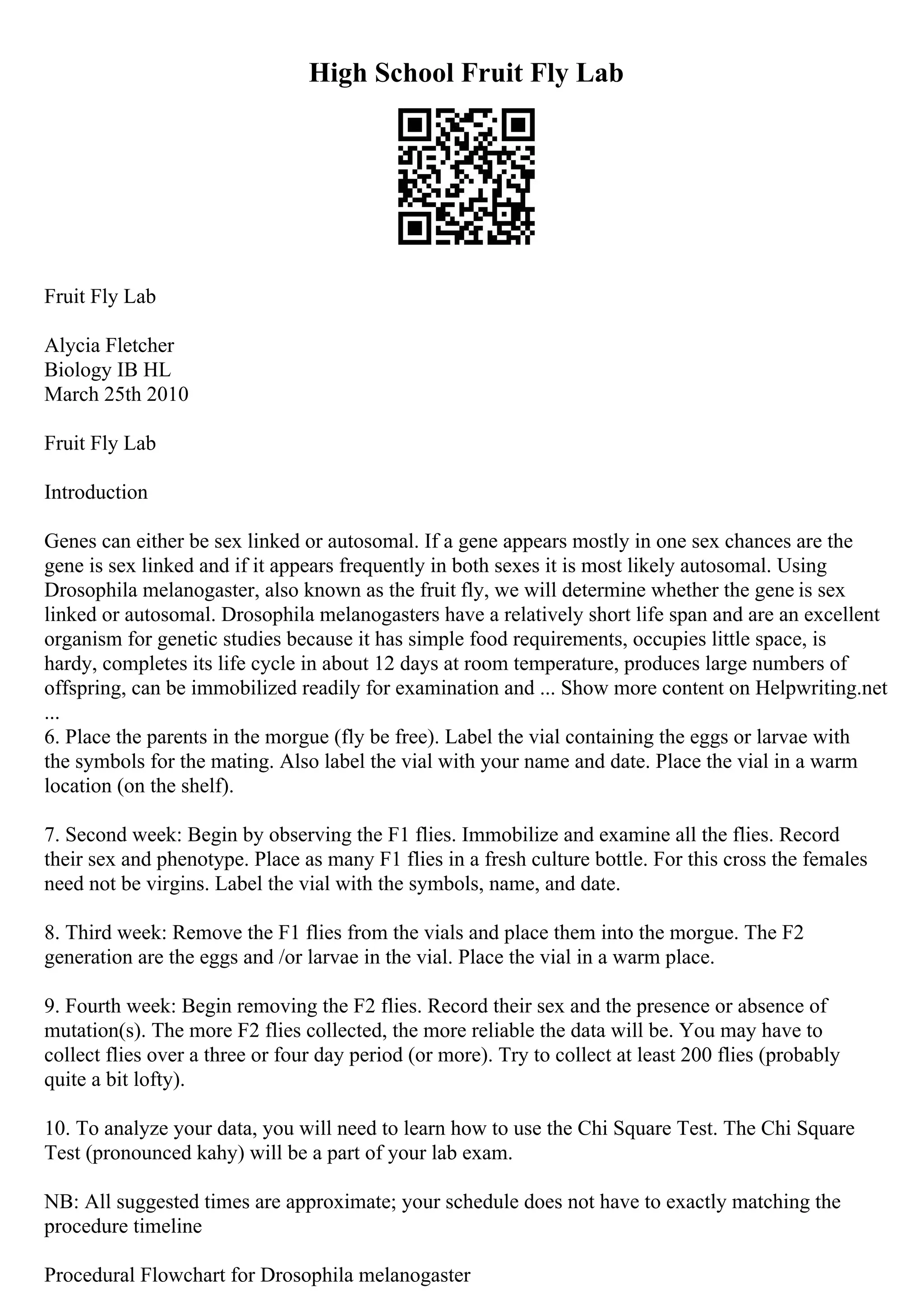 High School Fruit Fly Lab
Fruit Fly Lab
Alycia Fletcher
Biology IB HL
March 25th 2010
Fruit Fly Lab
Introduction
Genes can either be sex linked or autosomal. If a gene appears mostly in one sex chances are the
gene is sex linked and if it appears frequently in both sexes it is most likely autosomal. Using
Drosophila melanogaster, also known as the fruit fly, we will determine whether the gene is sex
linked or autosomal. Drosophila melanogasters have a relatively short life span and are an excellent
organism for genetic studies because it has simple food requirements, occupies little space, is
hardy, completes its life cycle in about 12 days at room temperature, produces large numbers of
offspring, can be immobilized readily for examination and ... Show more content on Helpwriting.net
...
6. Place the parents in the morgue (fly be free). Label the vial containing the eggs or larvae with
the symbols for the mating. Also label the vial with your name and date. Place the vial in a warm
location (on the shelf).
7. Second week: Begin by observing the F1 flies. Immobilize and examine all the flies. Record
their sex and phenotype. Place as many F1 flies in a fresh culture bottle. For this cross the females
need not be virgins. Label the vial with the symbols, name, and date.
8. Third week: Remove the F1 flies from the vials and place them into the morgue. The F2
generation are the eggs and /or larvae in the vial. Place the vial in a warm place.
9. Fourth week: Begin removing the F2 flies. Record their sex and the presence or absence of
mutation(s). The more F2 flies collected, the more reliable the data will be. You may have to
collect flies over a three or four day period (or more). Try to collect at least 200 flies (probably
quite a bit lofty).
10. To analyze your data, you will need to learn how to use the Chi Square Test. The Chi Square
Test (pronounced kahy) will be a part of your lab exam.
NB: All suggested times are approximate; your schedule does not have to exactly matching the
procedure timeline
Procedural Flowchart for Drosophila melanogaster
 