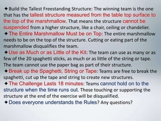 ✦Build the Tallest Freestanding Structure: The winning team is the one
that has the tallest structure measured from the table top surface to
the top of the marshmallow. That means the structure cannot be
suspended from a higher structure, like a chair, ceiling or chandelier.
✦The Entire Marshmallow Must be on Top: The entire marshmallow
needs to be on the top of the structure. Cutting or eating part of the
marshmallow disqualifies the team.
✦Use as Much or as Little of the Kit: The team can use as many or as
few of the 20 spaghetti sticks, as much or as little of the string or tape.
The team cannot use the paper bag as part of their structure.
✦Break up the Spaghetti, String or Tape: Teams are free to break the
spaghetti, cut up the tape and string to create new structures.
✦The Challenge Lasts 18 minutes: Teams cannot hold on to the
structure when the time runs out. Those touching or supporting the
structure at the end of the exercise will be disqualified.
✦Does everyone understands the Rules? Any questions?

 