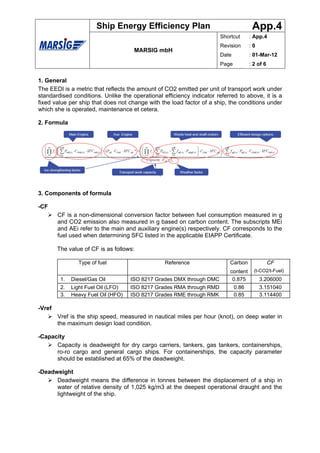 Ship Energy Efficiency Plan                                    App.4
                                                                       Shortcut      : App.4
                                                                       Revision      :0
                                      MARSIG mbH
                                                                       Date          : 01-Mar-12
                                                                       Page          : 2 of 6


1. General
The EEDI is a metric that reflects the amount of CO2 emitted per unit of transport work under
standardised conditions. Unlike the operational efficiency indicator referred to above, it is a
fixed value per ship that does not change with the load factor of a ship, the conditions under
which she is operated, maintenance et cetera.

2. Formula




3. Components of formula

-CF
        CF is a non-dimensional conversion factor between fuel consumption measured in g
        and CO2 emission also measured in g based on carbon content. The subscripts MEi
        and AEi refer to the main and auxiliary engine(s) respectively. CF corresponds to the
        fuel used when determining SFC listed in the applicable EIAPP Certificate.

        The value of CF is as follows:

                Type of fuel                     Reference                 Carbon               CF
                                                                           content     (t-CO2/t-Fuel)
         1.   Diesel/Gas Oil         ISO 8217 Grades DMX through DMC        0.875         3.206000
         2.   Light Fuel Oil (LFO)   ISO 8217 Grades RMA through RMD        0.86          3.151040
         3.   Heavy Fuel Oil (HFO)   ISO 8217 Grades RME through RMK        0.85          3.114400

-Vref
        Vref is the ship speed, measured in nautical miles per hour (knot), on deep water in
        the maximum design load condition.

-Capacity
      Capacity is deadweight for dry cargo carriers, tankers, gas tankers, containerships,
      ro-ro cargo and general cargo ships. For containerships, the capacity parameter
      should be established at 65% of the deadweight.

-Deadweight
      Deadweight means the difference in tonnes between the displacement of a ship in
      water of relative density of 1,025 kg/m3 at the deepest operational draught and the
      lightweight of the ship.
 